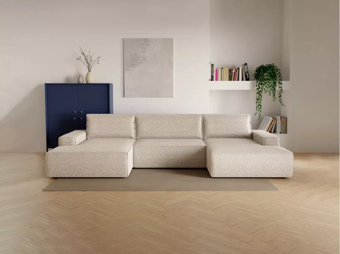 Grand canapé d'angle panoramique convertible en tissu texturé beige AMELIA