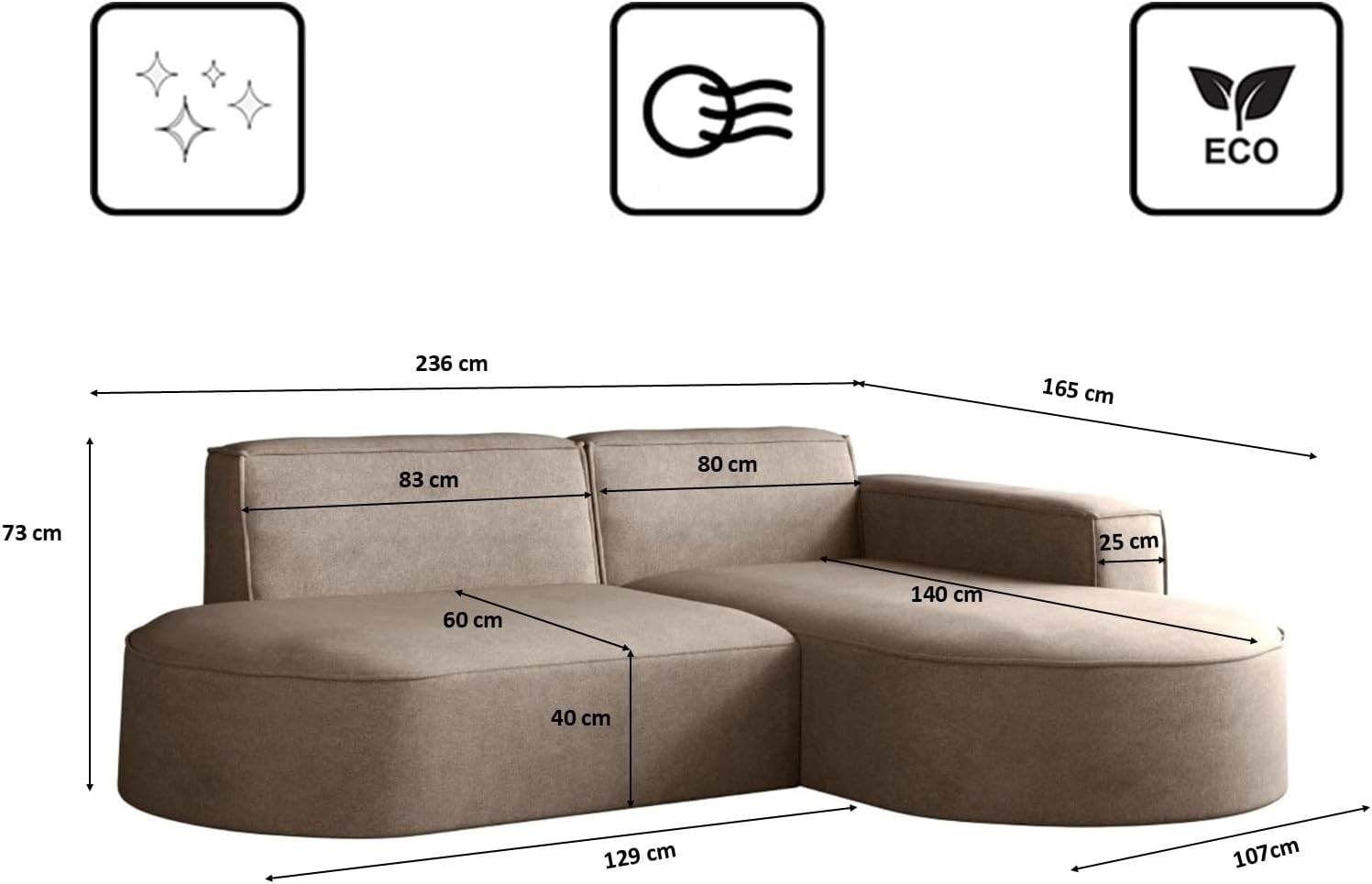 Kaiser Möbel Modena Studio Ecksofa L-Form – Modernes Design Sofa mit HR-Schaum, Velours Salvador, Freistehend für Wohnzimmer Dunkelbeige, Rechts