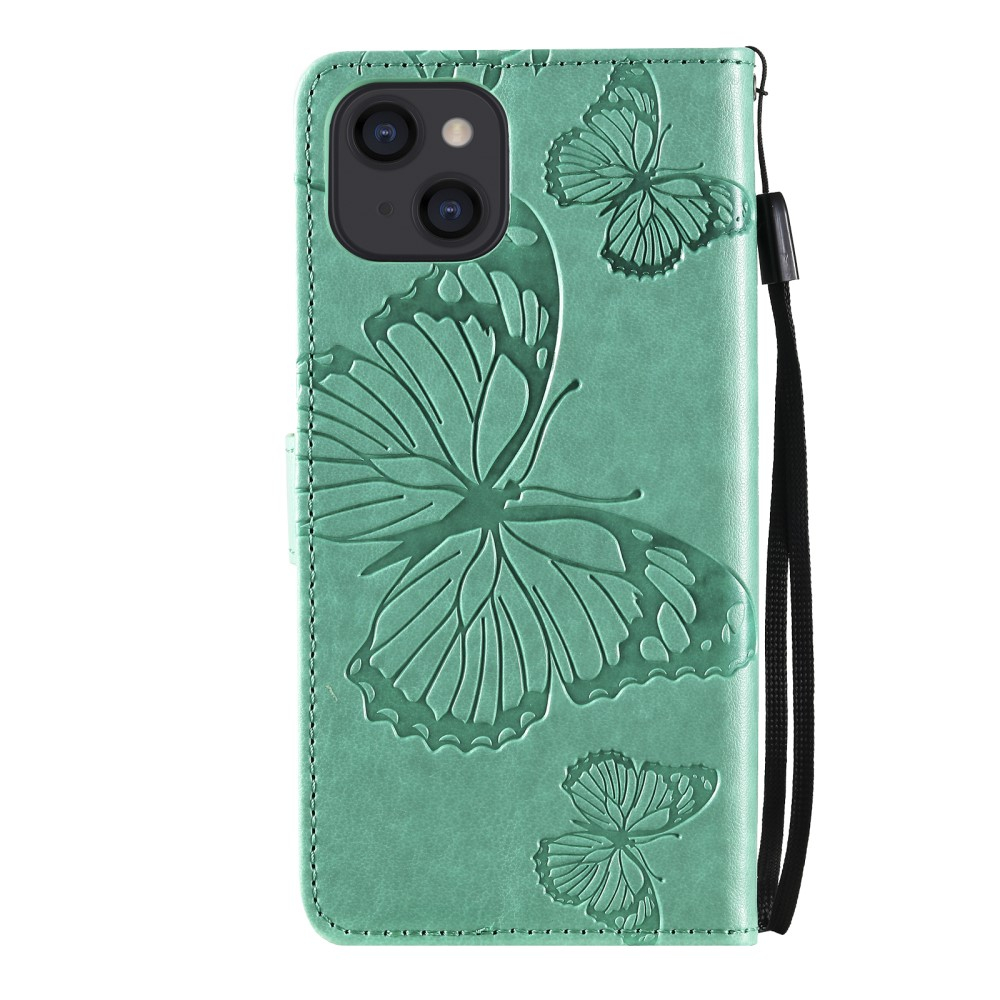 iPhone 13 Leder Tasche mit Kartenfach   Handschlaufe Schmetterling - Türkis