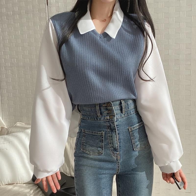 Enpheriado - Mock Two-Piece Long-Sleeve Two Tone Panel Blouse
