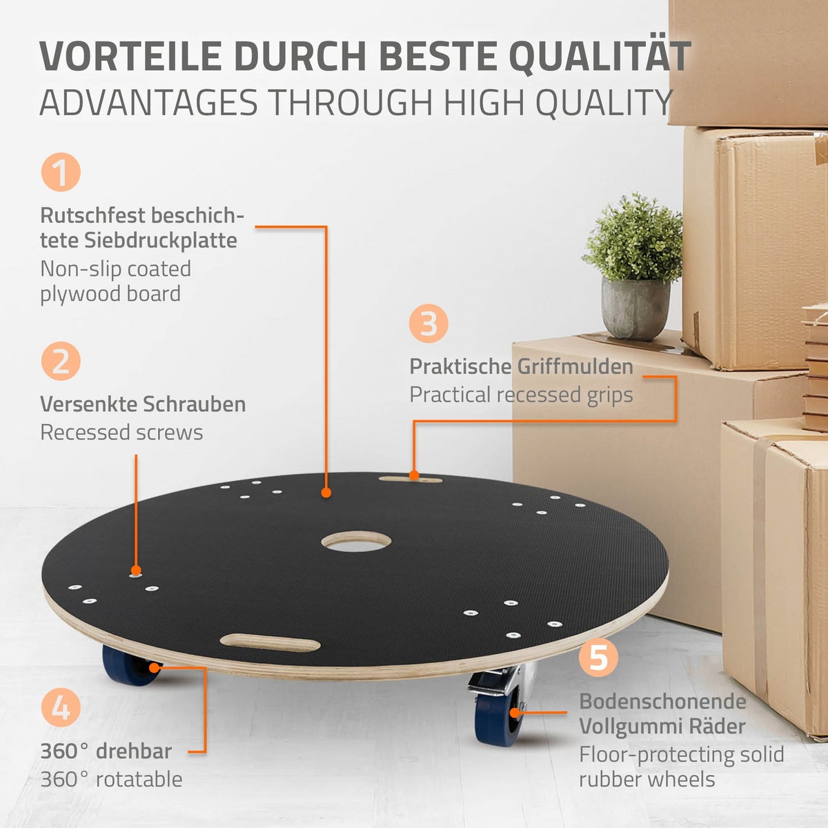 ECD Germany ronde transportwagen Ø87x14,5 cm met zeefdrukplatform en 2 geremde wielen, draagvermogen 800 kg, meubelroller, transporthulp voor verhuizingen en meubeltransport, trolley, transporter