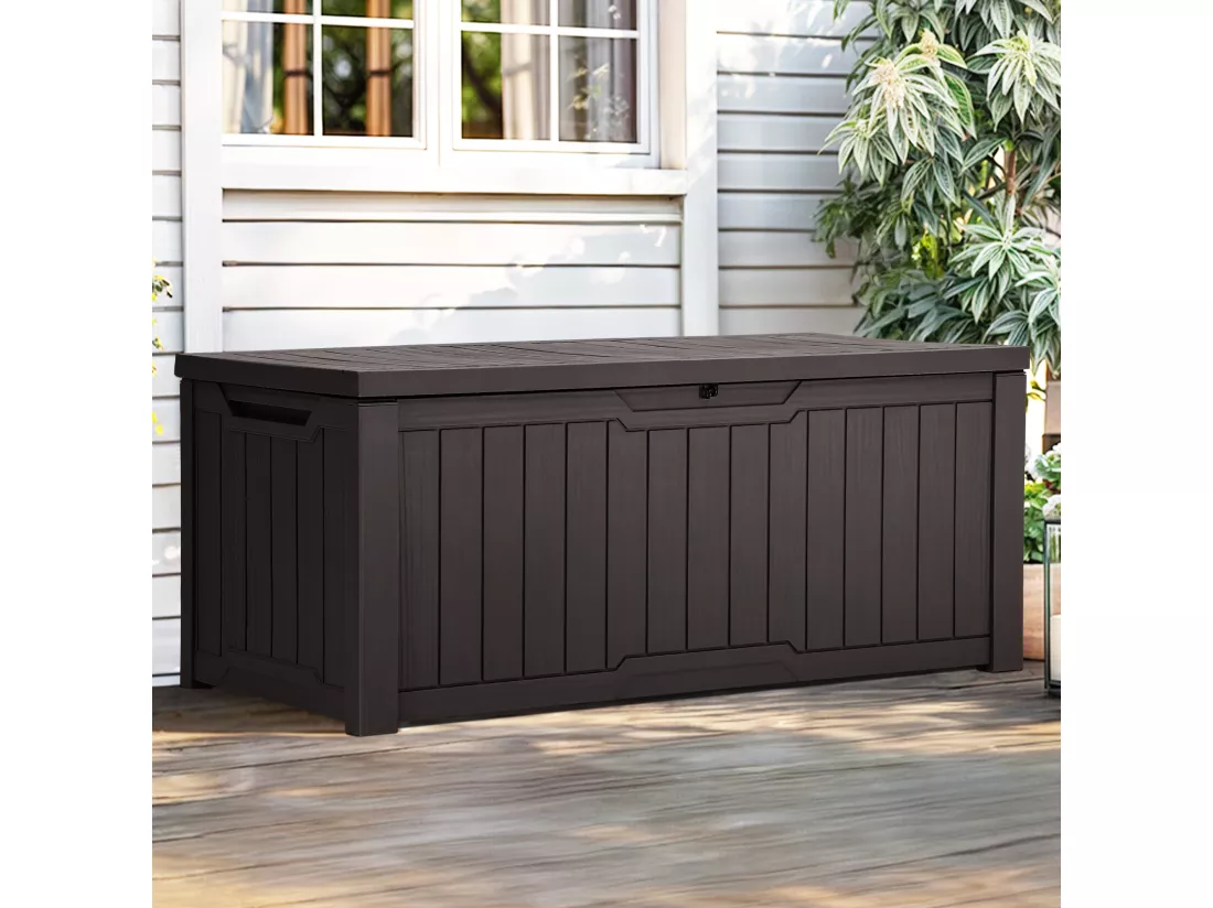 YITAHOME Boîte de Rangement d'Extérieur - Verrouillable - Coffre de Jardin - 142 x 67 x 69 cm - Table Polyvalente - Marron Foncé