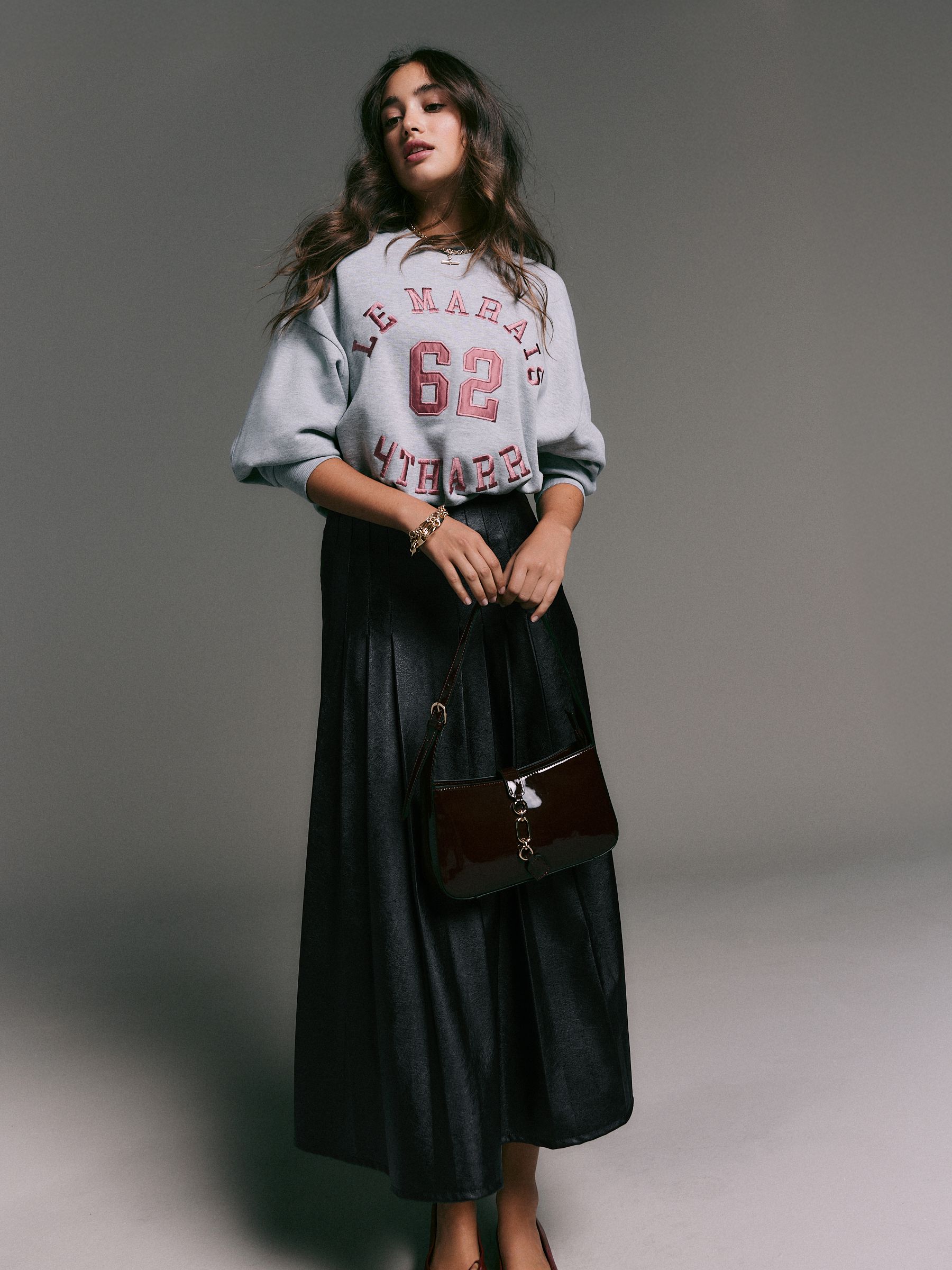 Zwart - Faux Leather Midi Kilt Skirt