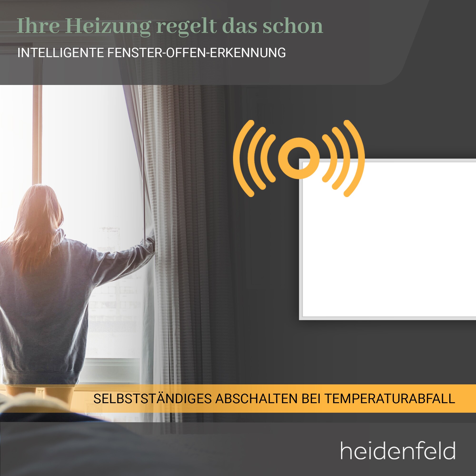 Heidenfeld Infrarotheizung HF-HP110, Wand/Decke, Alu-Rahmen, App, Fernbedienung, IP44, Thermostat (1000 Watt)