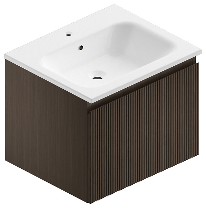 Meuble sous vasque à suspendre Pura placage noyer strié 60 cm + Plan vasque en résine blanc brillant