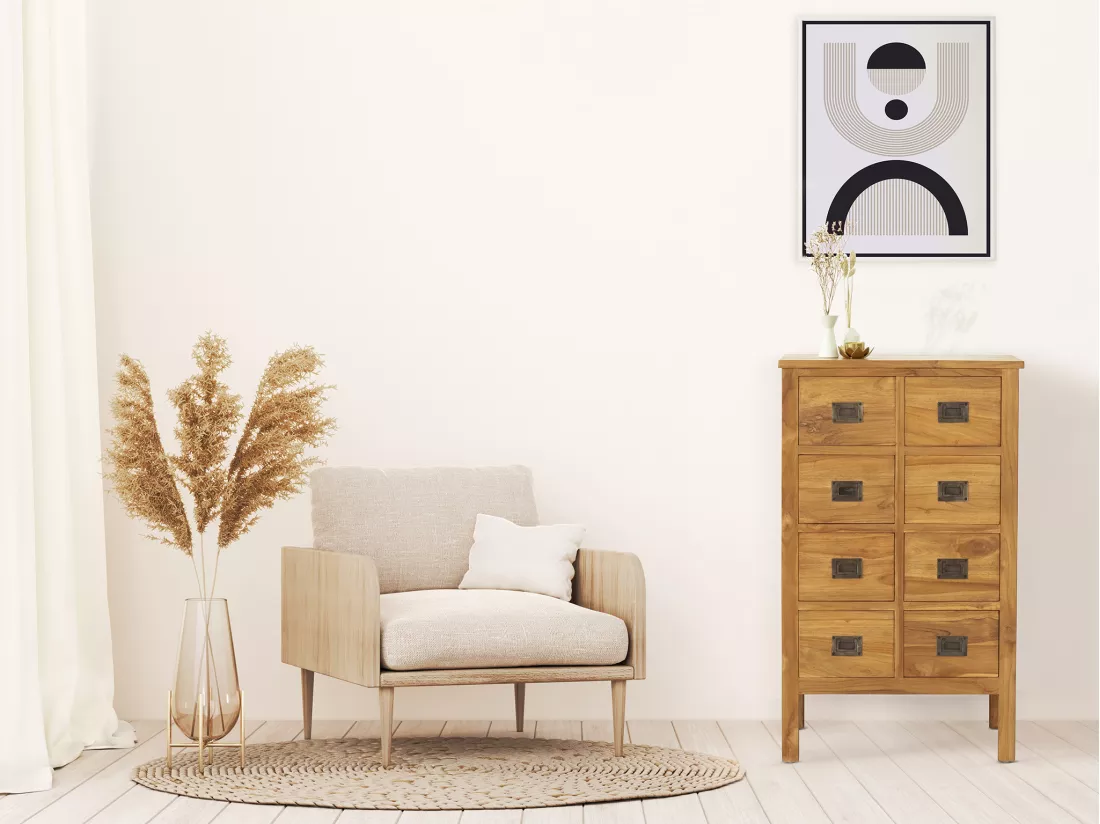 Commode 8 tiroirs - Teck - Coloris : Naturel - LUMIDI