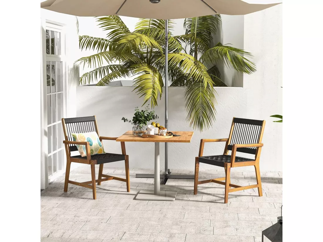 Chaises de Jardin Extérieur Lot de 2 en Bois d’Acacia, Chaise de Salle à Manger en Corde avec Accoudoirs, Fauteuil Jardin Extérieur Intérieur pour Terrasse Patio Cour Cuisine, Charge 160 KG