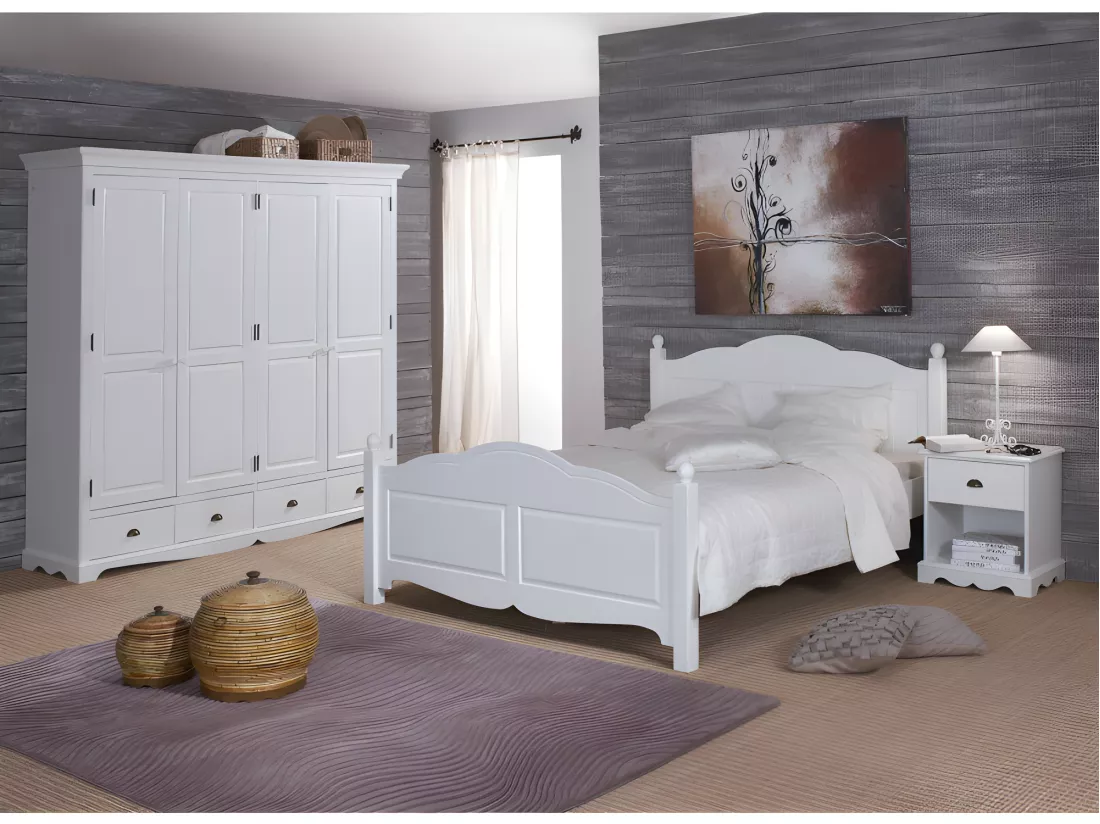 Chambre Complète Blanche Style Anglais Lit 140 cm Armoire et Chevet