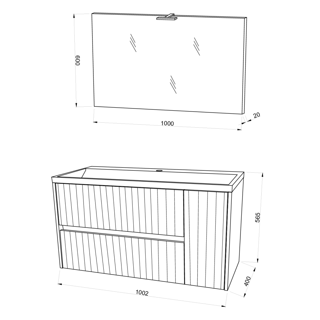 100cm wastafelmeubel met wastafel en spiegel 100x60 - geribbeld | Cortina