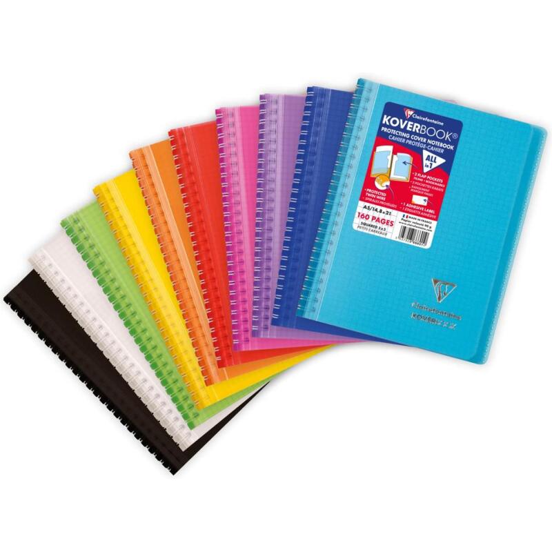 Carnet reliure intégrale enveloppante Koverbook A5 160 pages petits carreaux couverture polypropylène transparent - Assortis