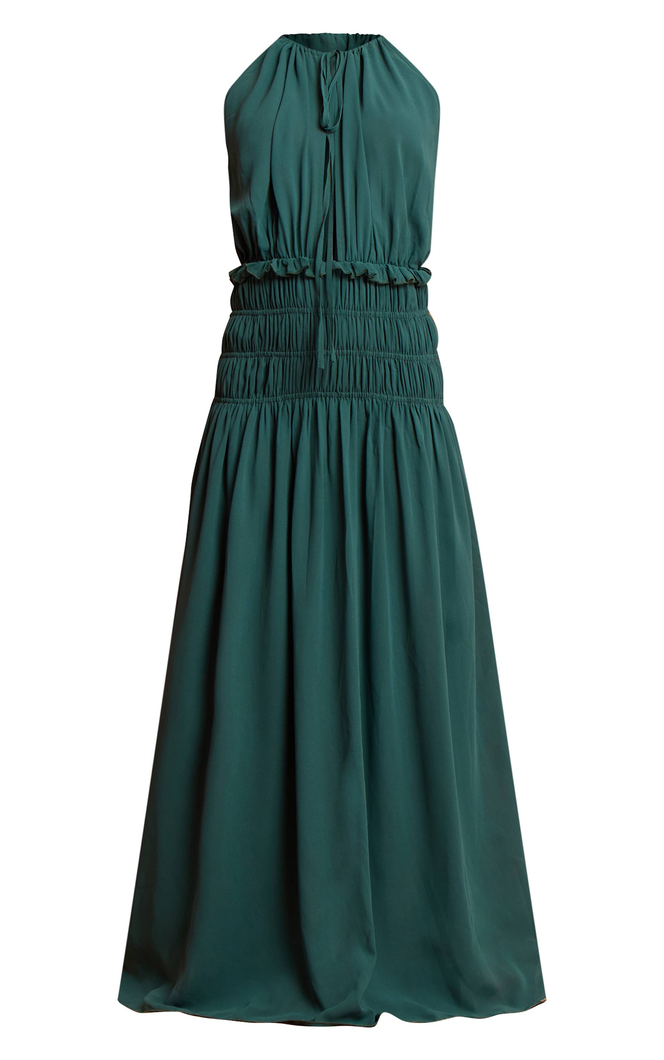 Vert Turquoise Robe Longue En Mousseline Froncée