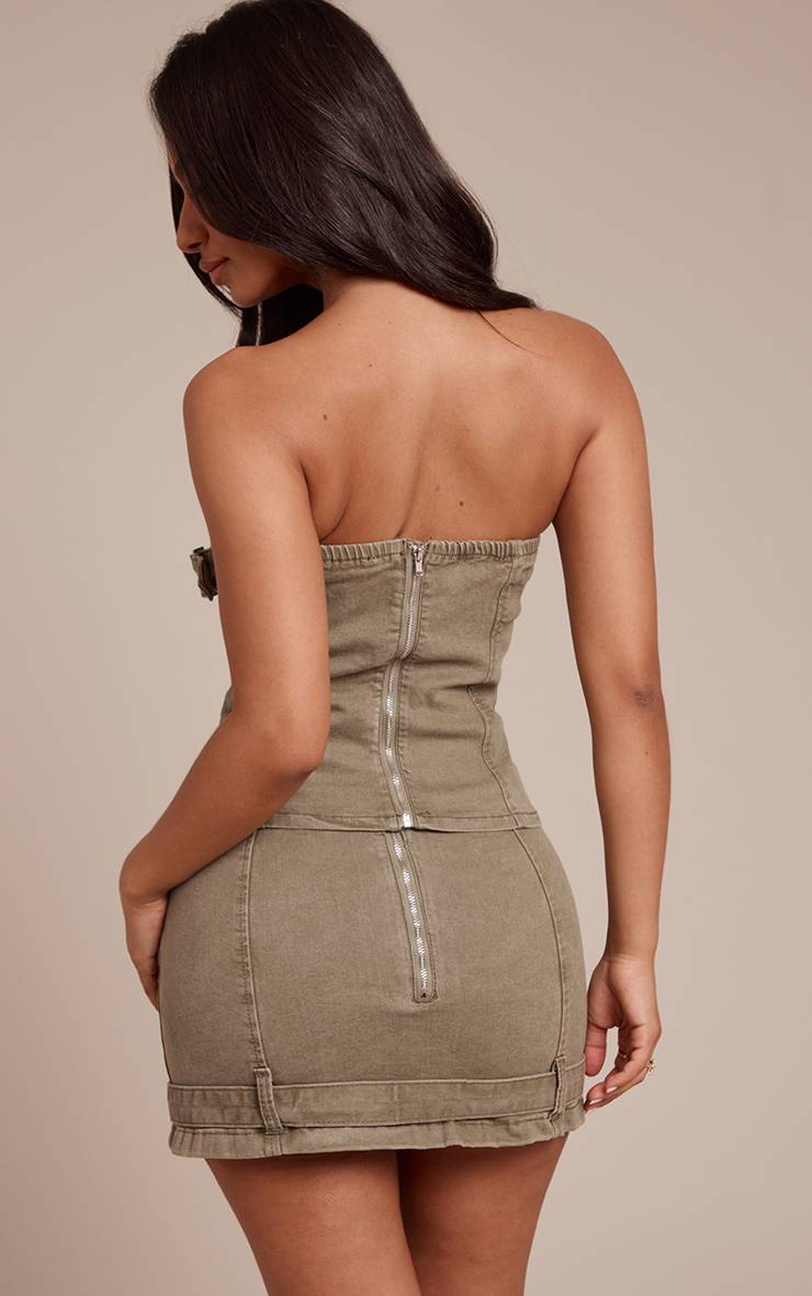 Kaki Clair Corset Bustier Bandeau Long En Denim Petite Taille