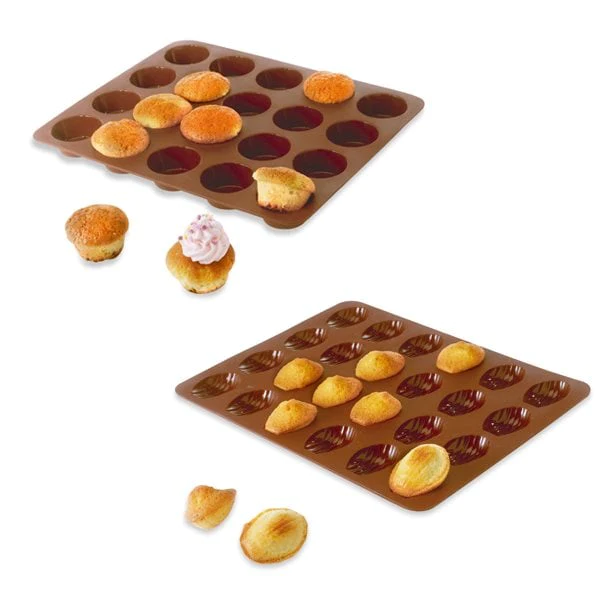 Lot de 2 Flexi'Plaques en silicone - 20 mini-muffins et 24 mini-madele
