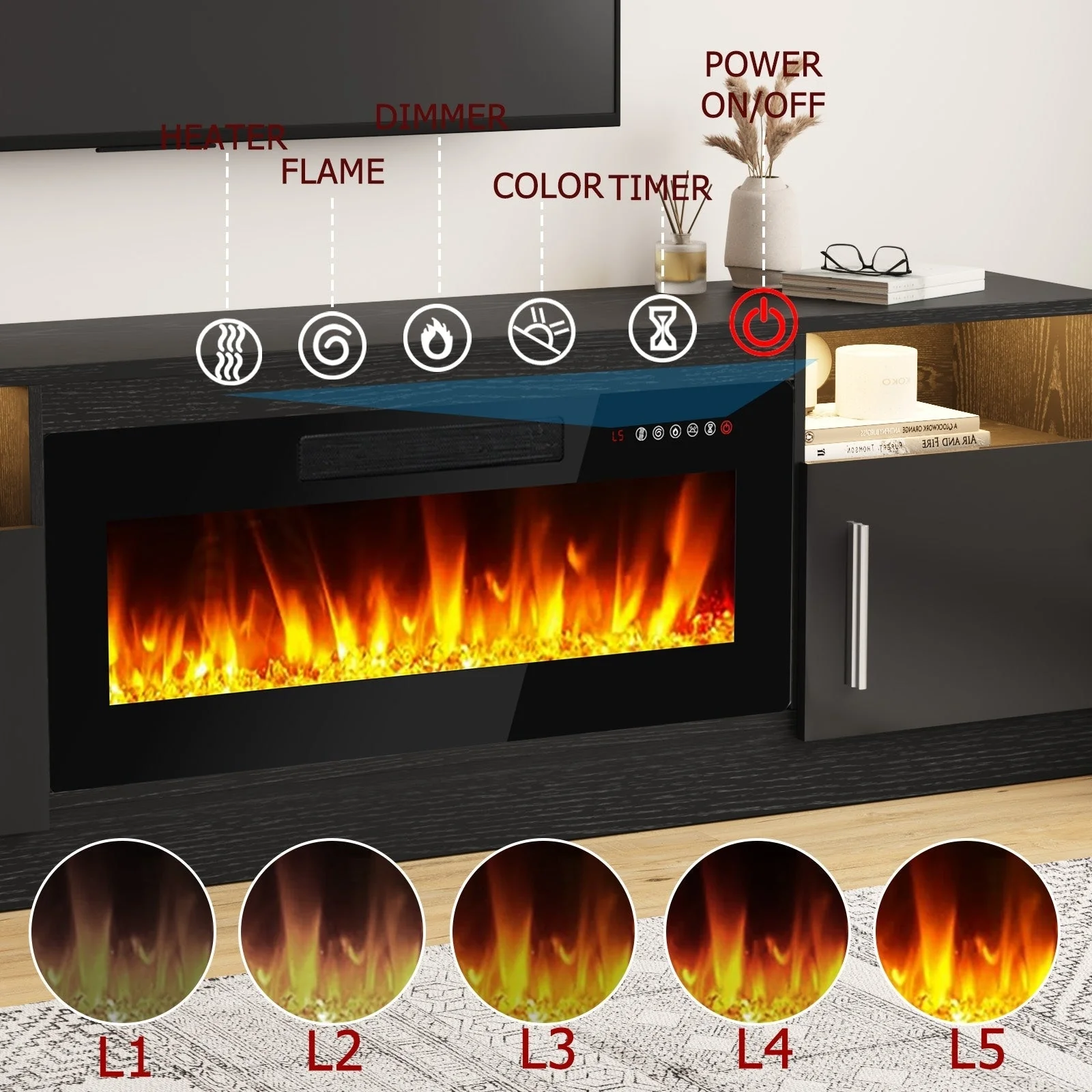 Bossin 70 Fireplace TV Stand with 36 Electric Fireplace, TV Stand for TVs Up to 80, 16 Colors LED Lights/Entertainment Center