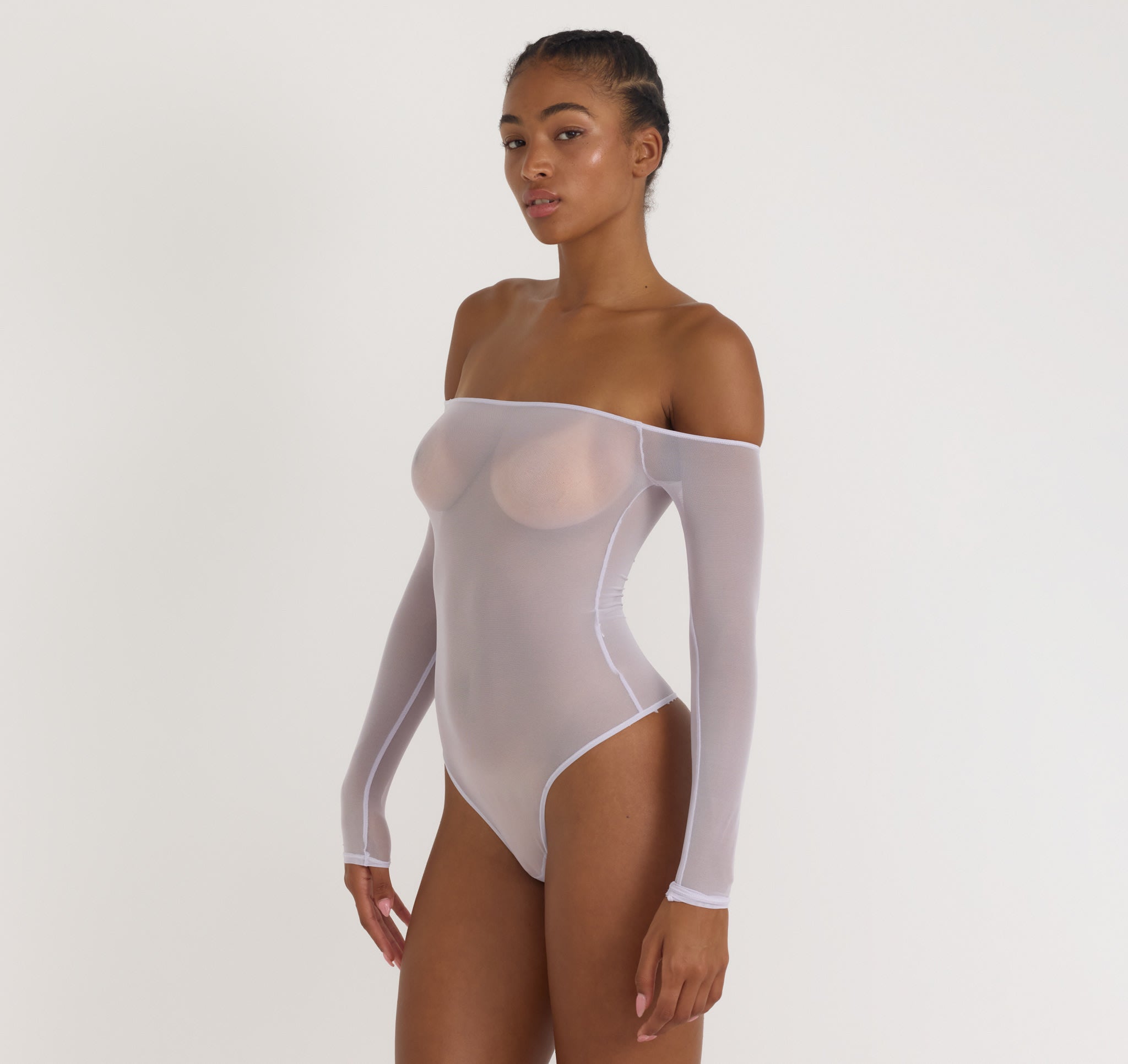 RECYCLED NYLON<br>Mesh Off-Shoulder Bodysuit