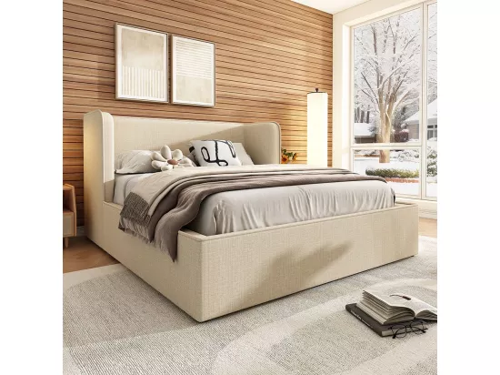 Lit double capitonné 180 x 200 avec larges oreillers latéraux et housse de cadre de lit amovible, lin, beige