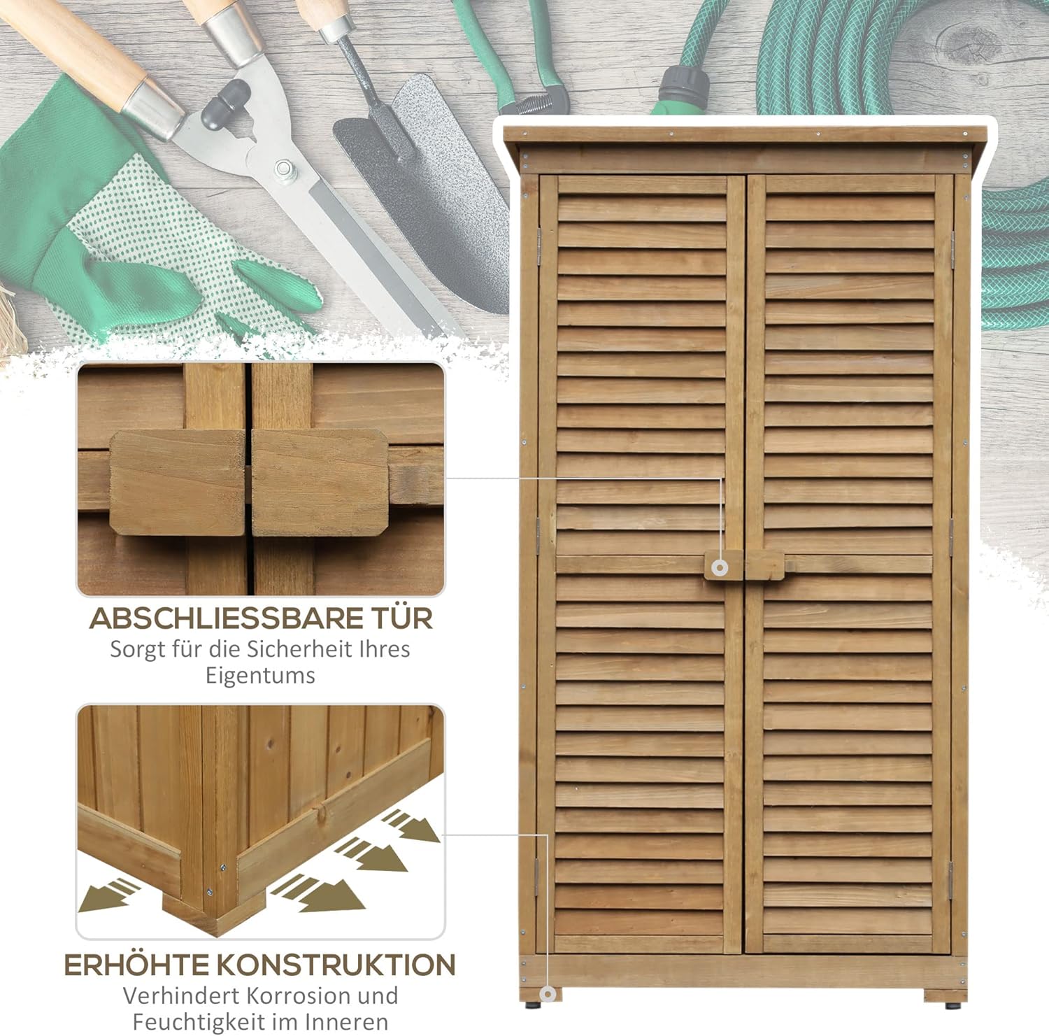 Outsunny Gartenschrank Holz, Geräteschuppen wetterfest 87x46,5x160cm, Gerätehaus mit Tür, Pultdach, Böden, Geräteschrank, Gartenhaus Werkzeugschrank Gartenschuppen für Garten, Terrasse, Natur