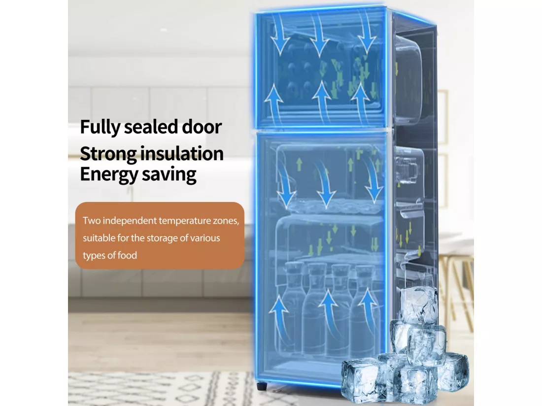 Réfrigérateur-congélateur combiné, 105,5 cm de hauteur, 41 cm de largeur, avec un volume total de 92 litres, un volume de congélateur de 28 litres. 181 kWh/an, -27°C 13°C, éclairage LED, (noir）
