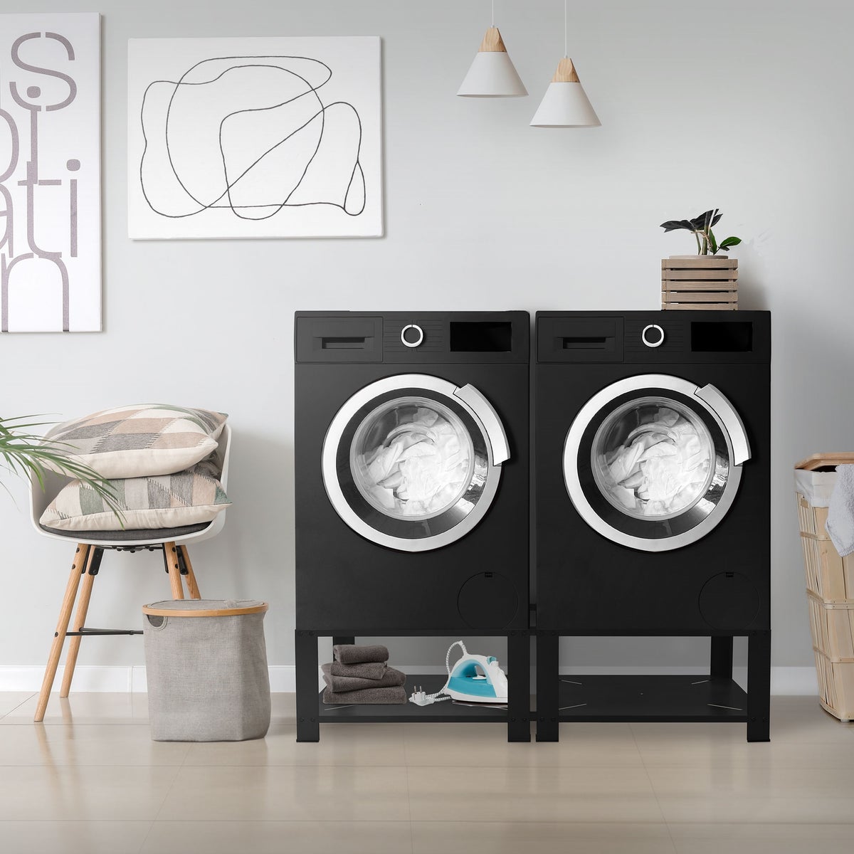 ML-Design Dubbele Wasmachine Basis met 2 Planken, Zwart 128x54cm Staal, 2x 150kg, Stevige Dubbele Wasmachine Basis, 32cm Hoog Platform, Verhoogde Basiseenheid, Dubbele Basiseenheid, Dubbel Platform