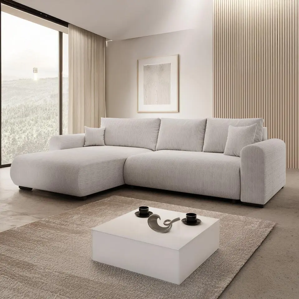 Meubella - Hoekbank Mindin - Beige ribstof - Universeel