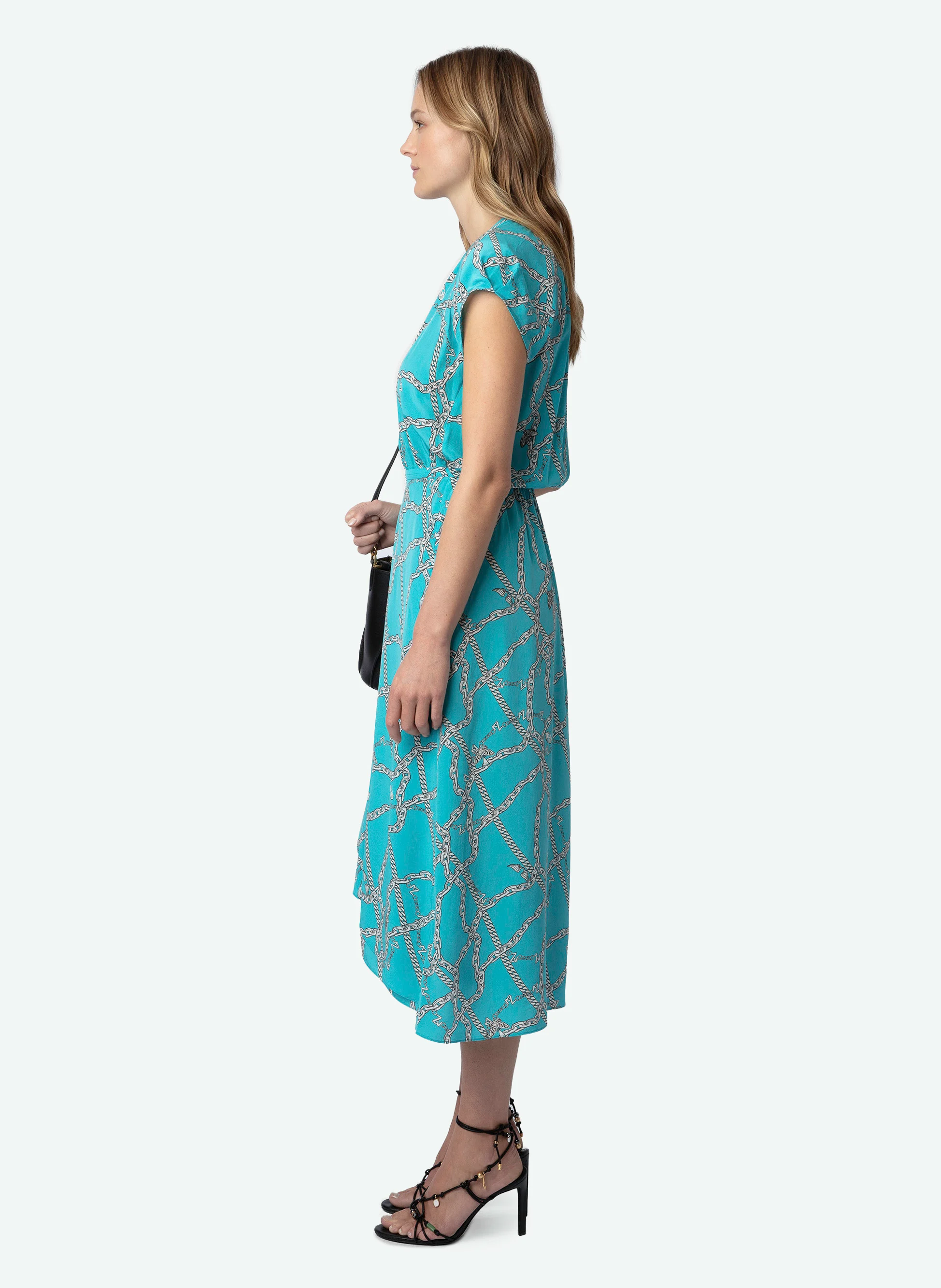 RANDALL - Robe midi col V imprimée en soie| Bleu