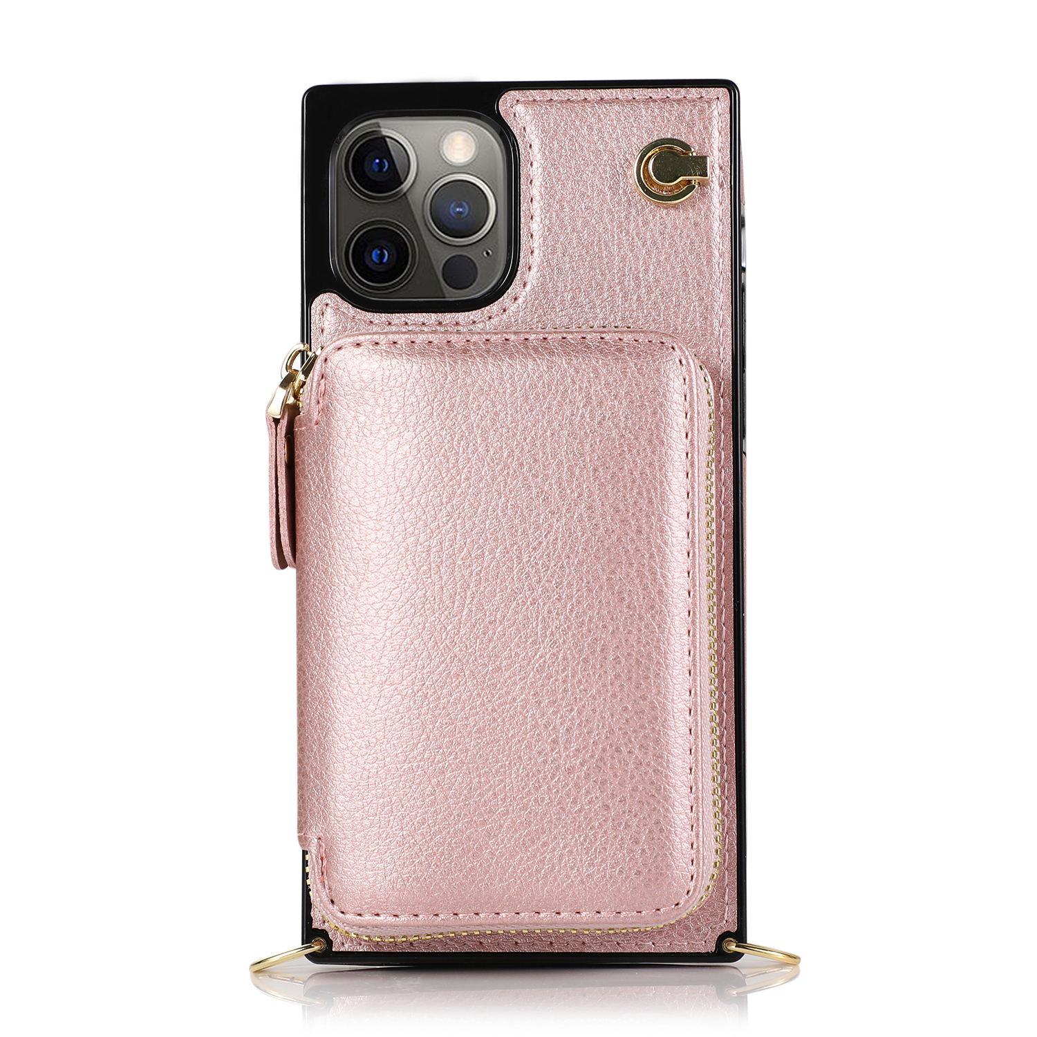 iPhone 12 / iPhone 12 Pro Necklace Leder Schutz Hülle mit Kartenfächer   Handykette (140cm) - Roségold