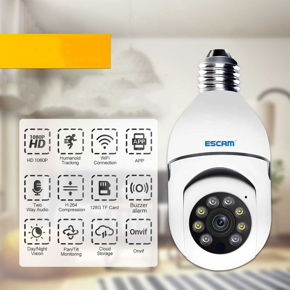 E27 Glühbirne 1080p Mini WiFi IP Kamera 360° mit IR LED Nachtsichtfunktion / Bewegungserkennung / 2-Wege-Audio / Micro SD Kartenslot - Weiss