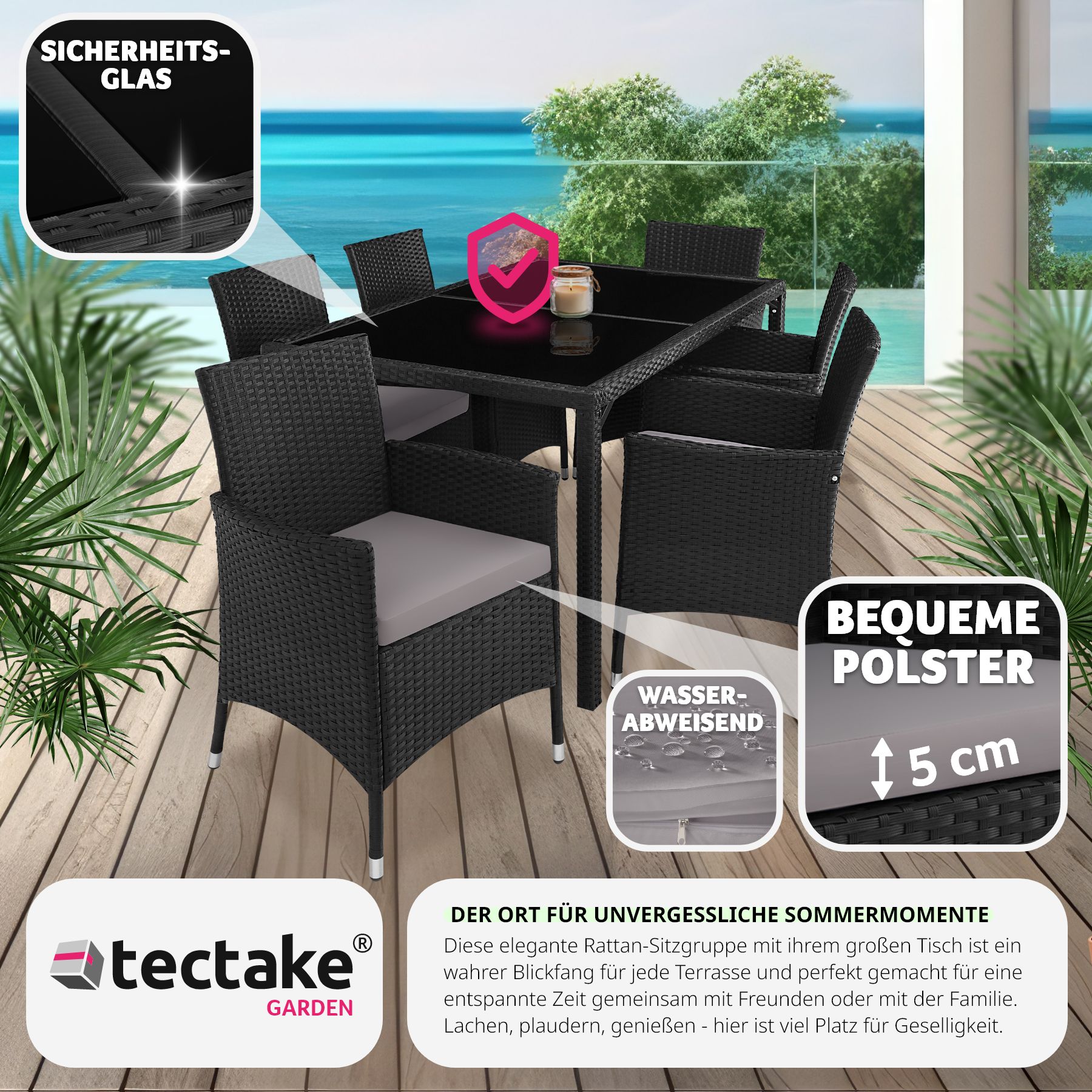 tectake® Rattan Sitzgruppe, für 6 Personen, UV-beständig, inklusive Schutzhülle