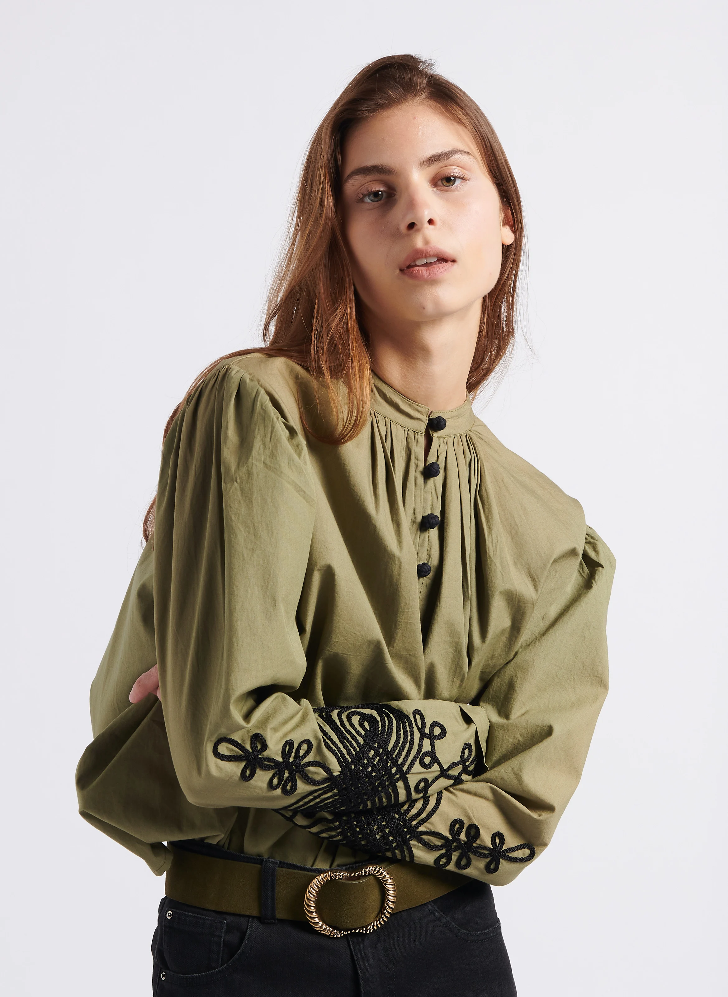 EGO - Blouse ample col rond brodée en coton| Kaki