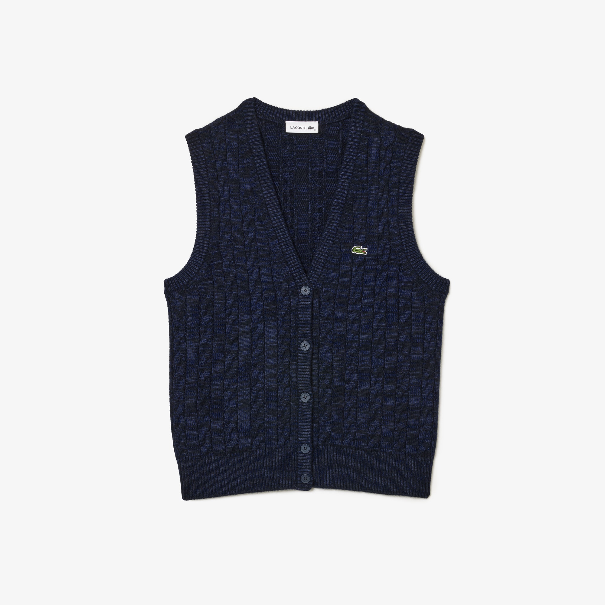 Cardigan sans manche à torsades en coton et laine Pullovers - Bleu - Lacoste - Femme