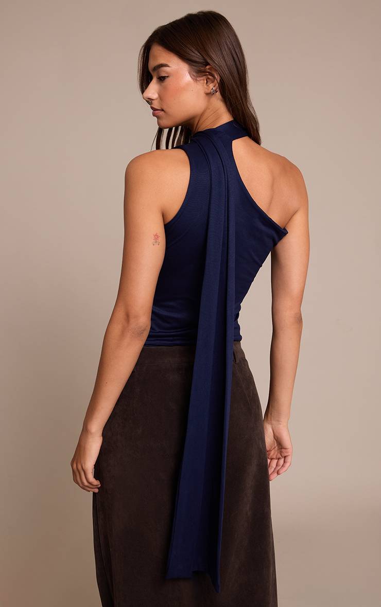 Bleu Marine Top Long Double Couche Toucher Doux Avec Détail Foulard