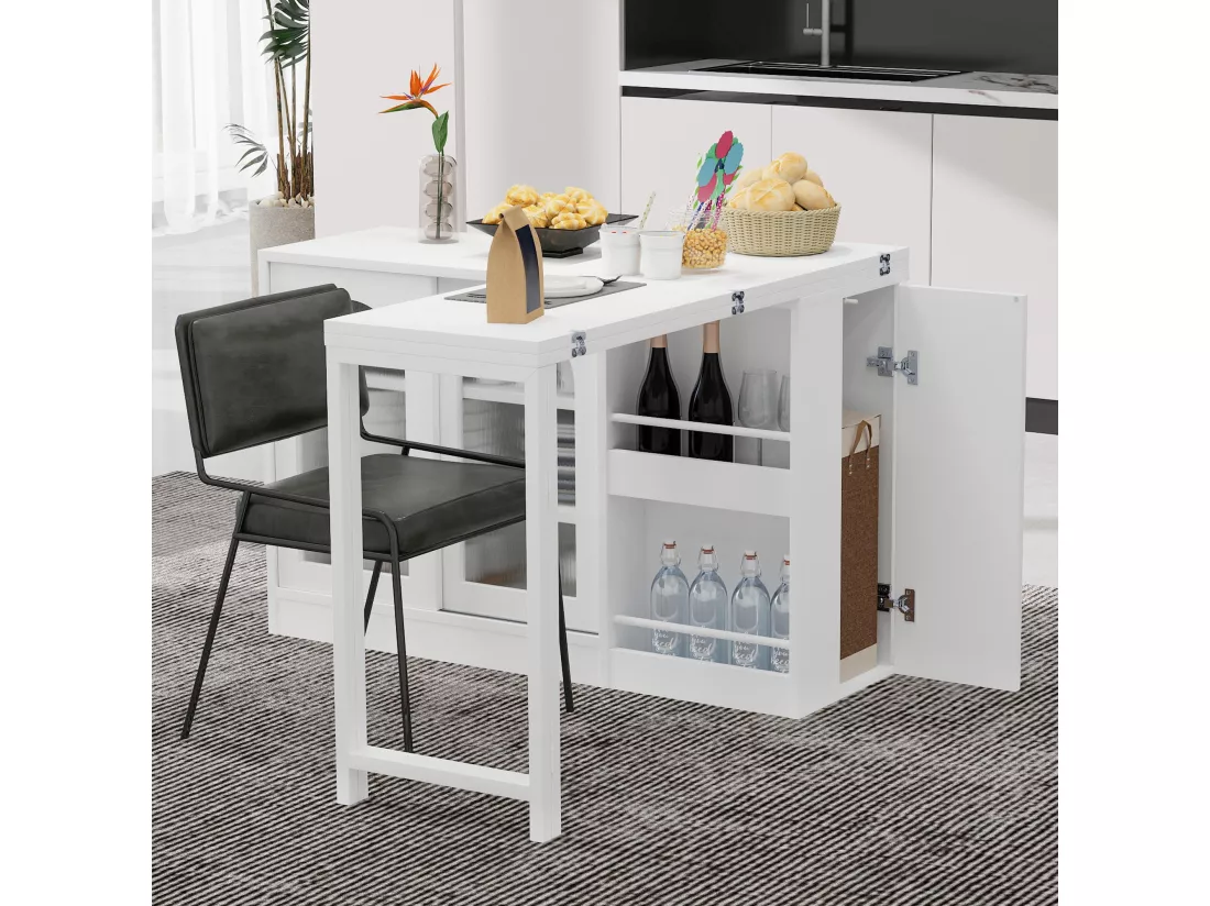 Ilot central de cuisine - avec plateau escamotable pivotante - avec portes vitrées et espace de rangement - MDF - Blanc