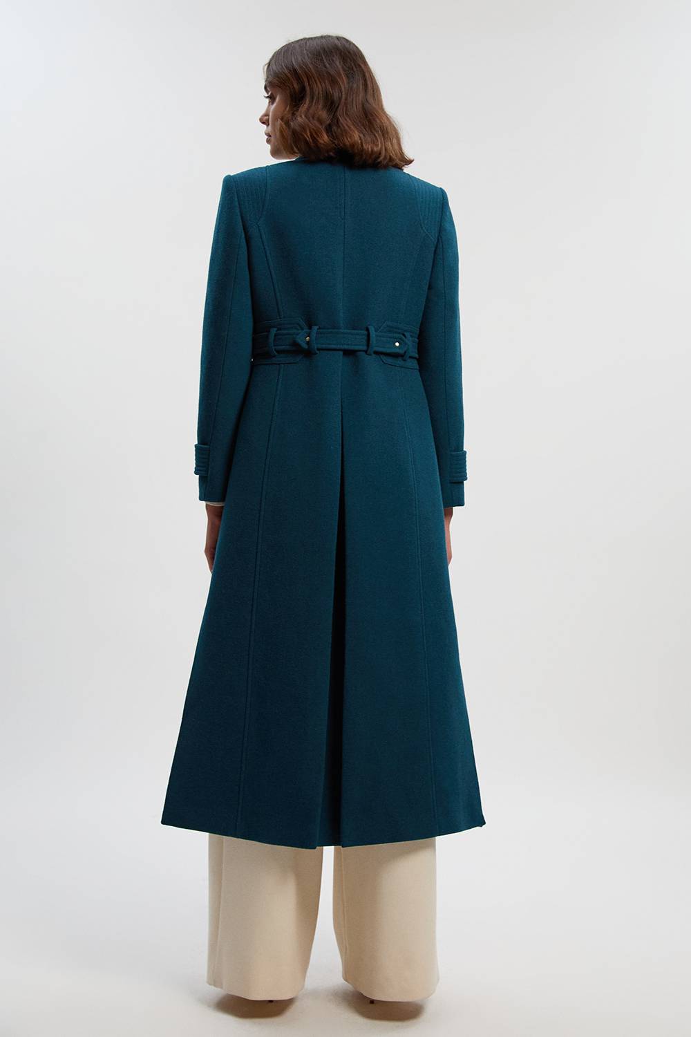 KarenMillen Manteau Long Ajusté en Laine avec Col Cranté et Ceinture