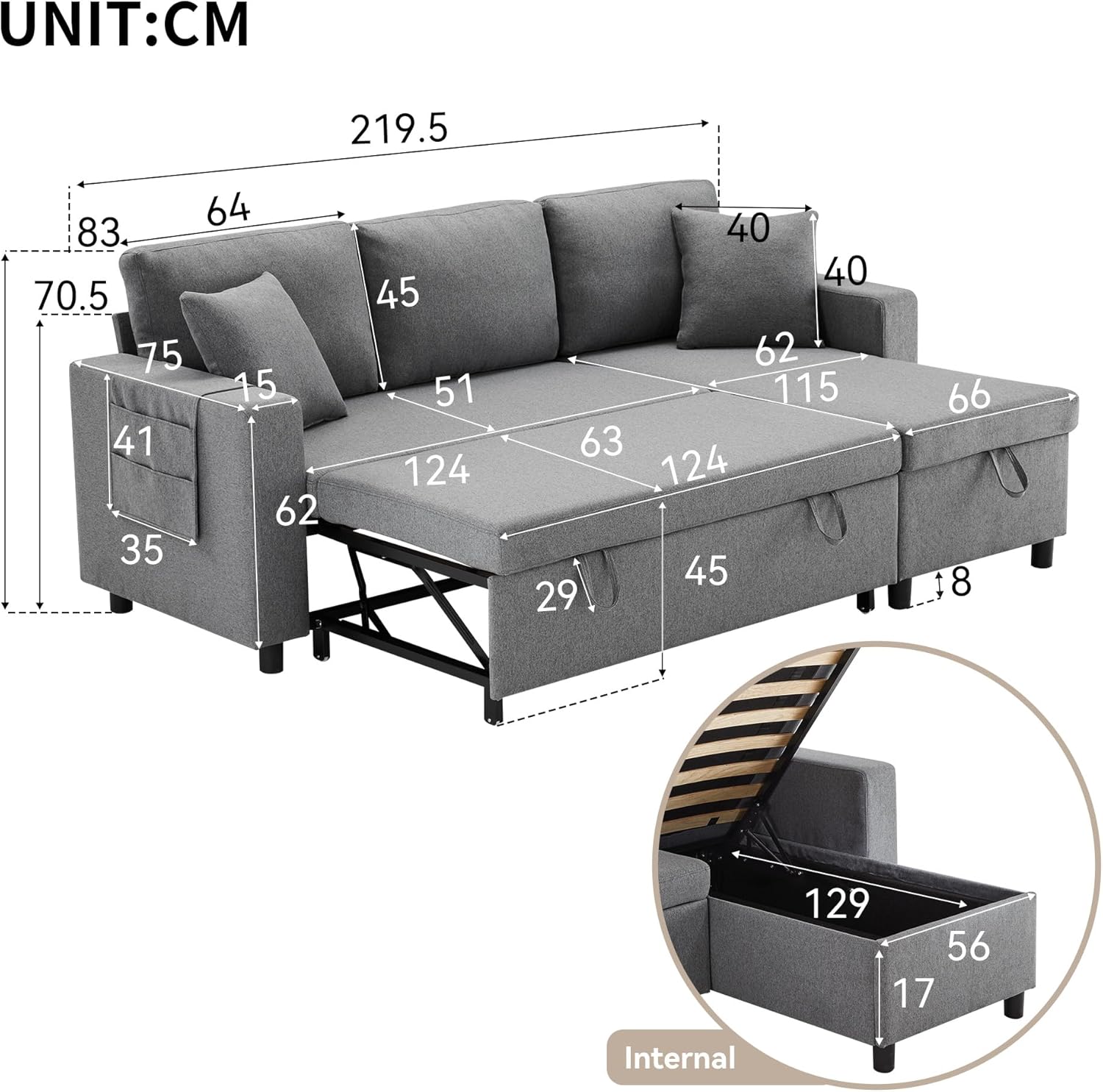 Merax Ecksofa mit Schlaffunktion, Praktisches Schlafsofa mit Bettkasten, L-Form Schlafcouch mit Stauraum und Seitentaschen, Moderne 3-Sitzer-Couch für Wohnzimmer und Schlafzimmer, Dunkelgrau