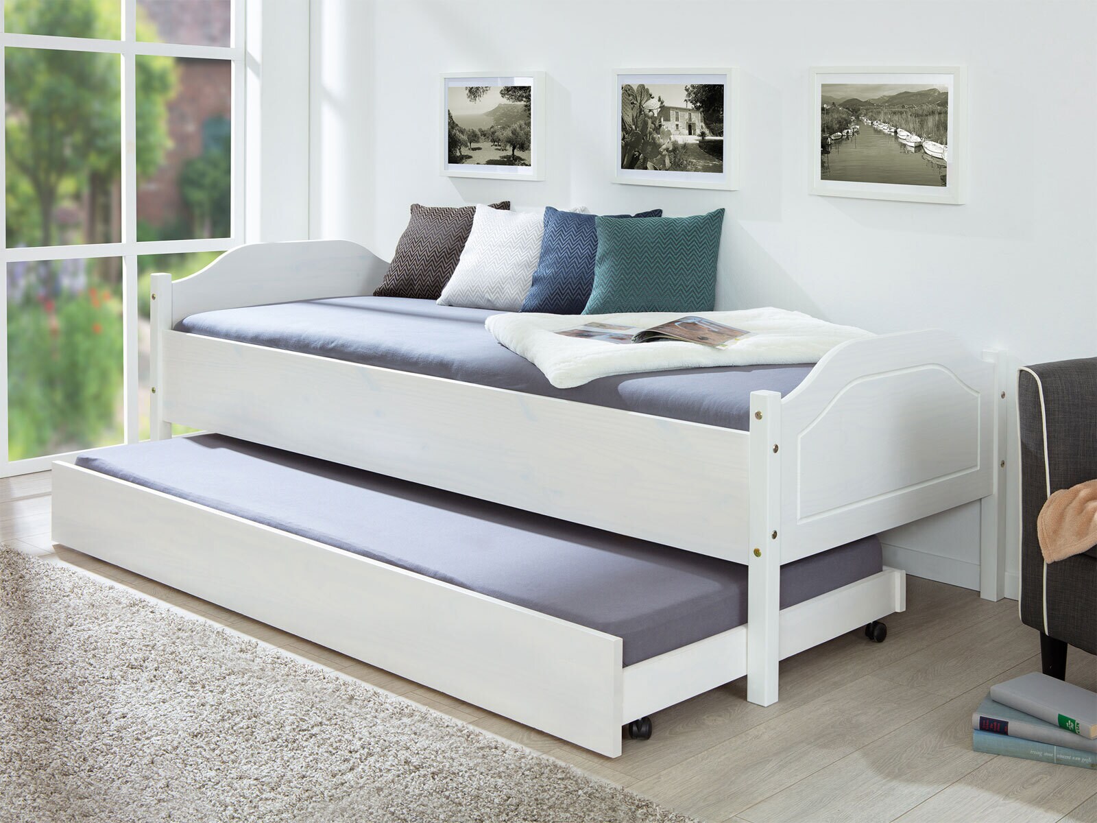 Bettschublade Lounis Kiefer massiv weiß lackiert 94 x 199 cm