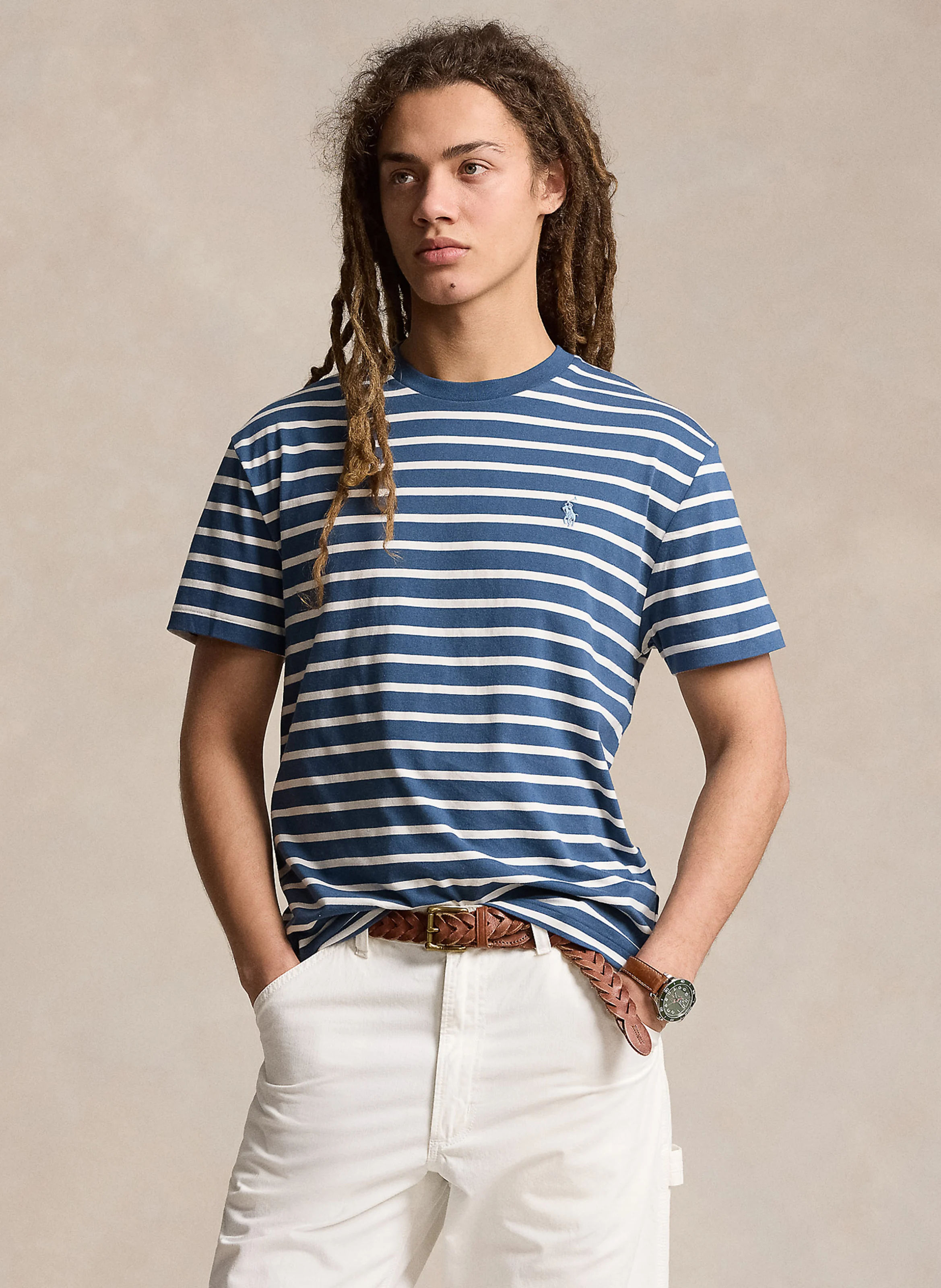 Tee-shirt col rond rayé brodé | Bleu