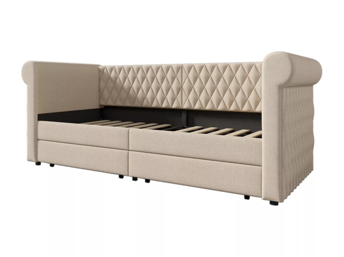 Lit banquette avec 2 tiroirs en tissu lin - 90x200cm - avec sommier à lattes - Beige