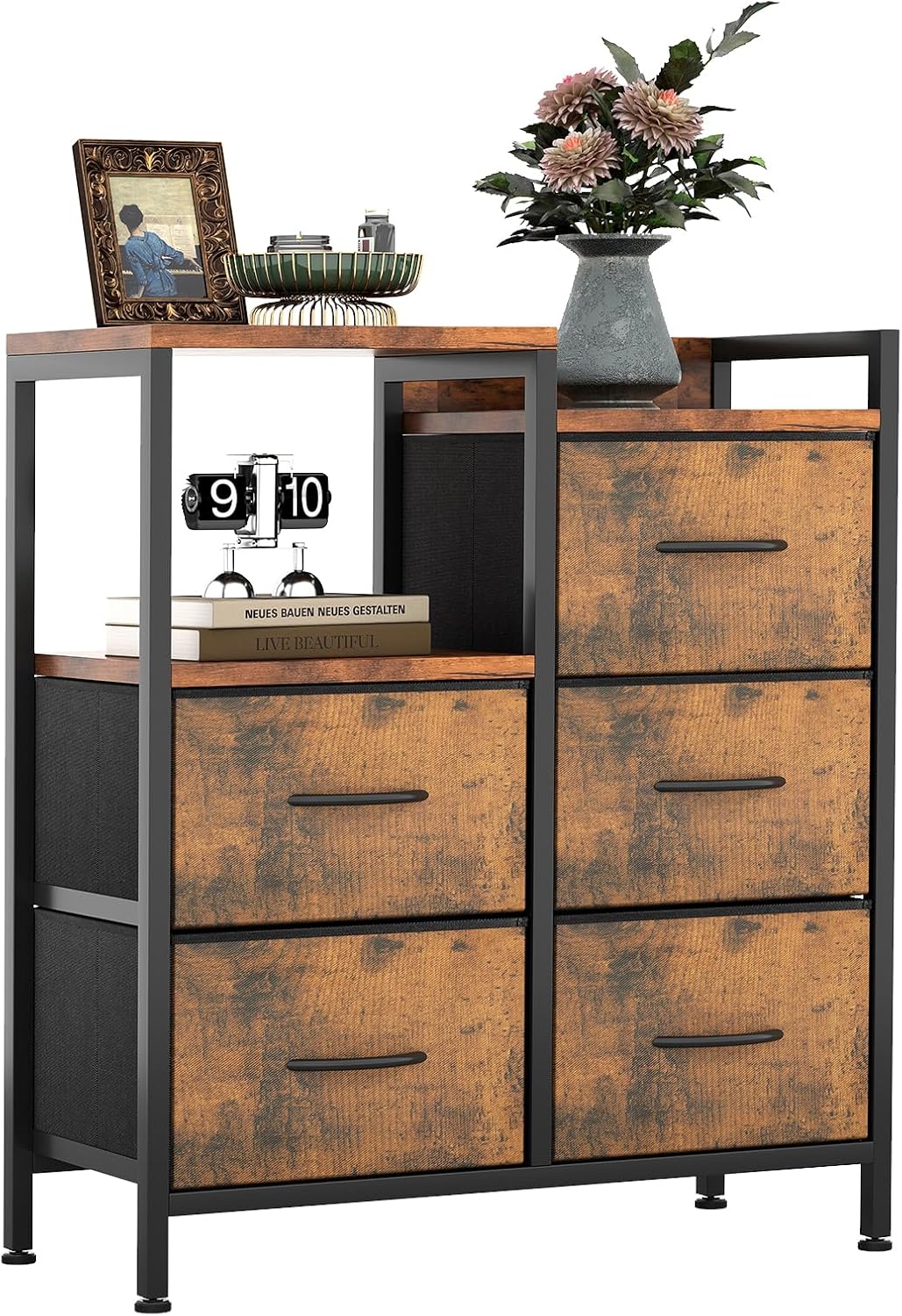 MUTUN Kommode, Schubladenschrank mit Stoffschubladen, Sideboard für Schlafzimmer/Wohnzimmer/Flur, 5 Schubladen mit Griffen, Schrank mit Metallgestell,Vintagebraun
