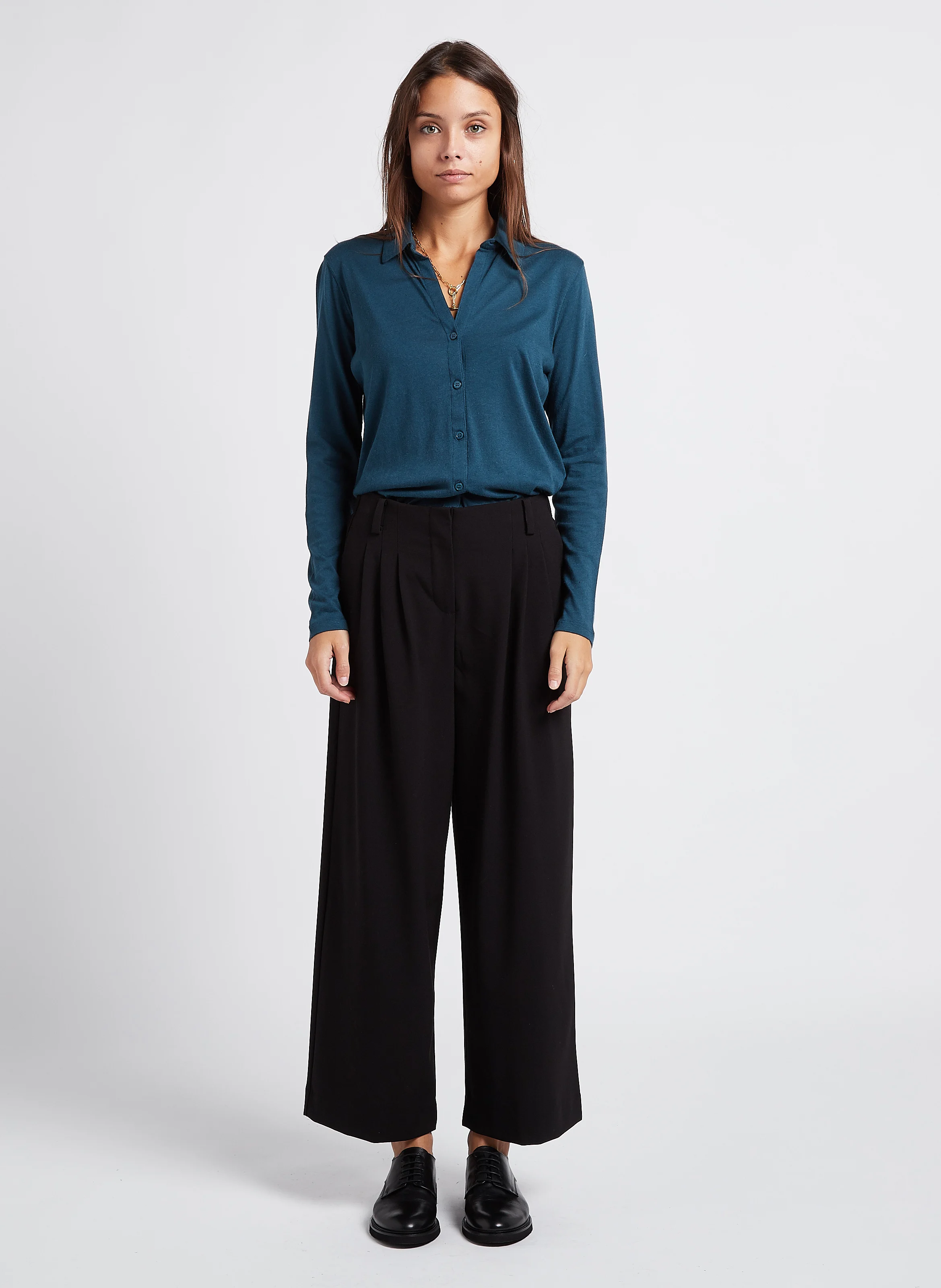 Top col classique en coton mélangé| Bleu