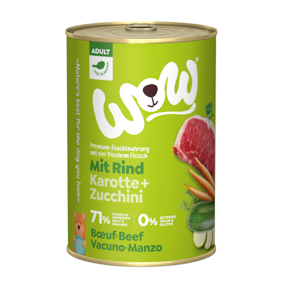 Ração Wow Food Adult Beef em lata de 400g para cães.