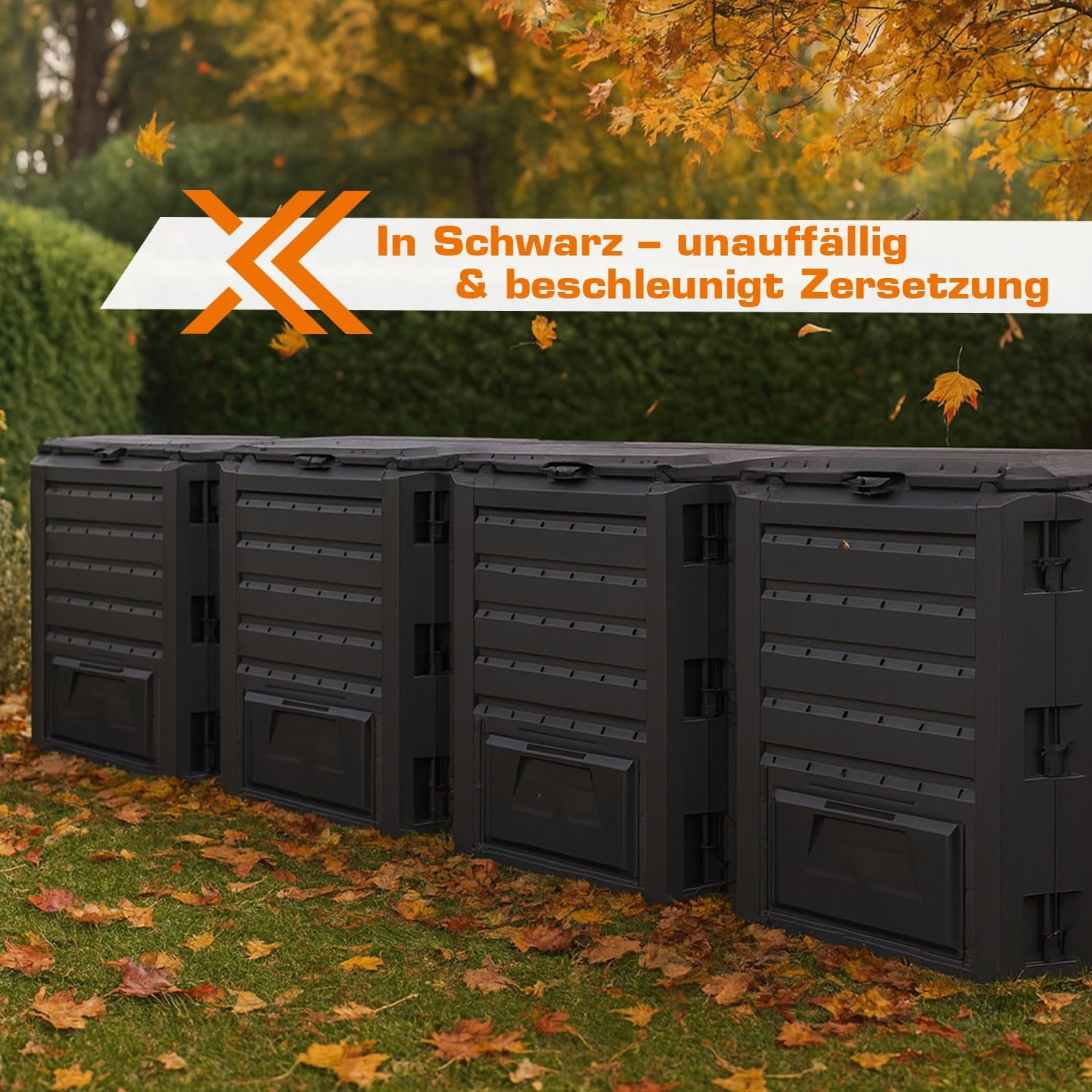 4 Kammer Komposter Garten Schnellkomposter Groß 1600L Schwarzer Kompostbeschleuniger mit Deckel & Klappe Bio Kompost aus Kunststoff zum Kompostieren
