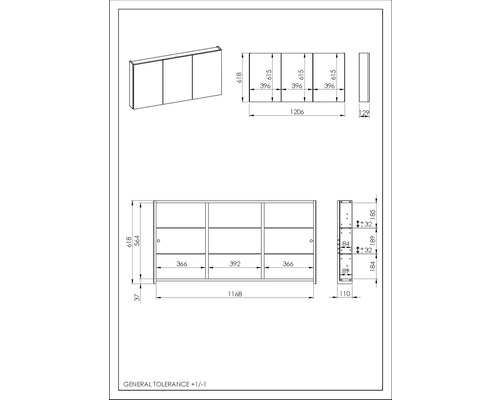 Jungborn spiegelkast 1206 x 129 x 618 mm grijs 3-deurs met enkelzijdige spiegeldeuren en zijspiegeling