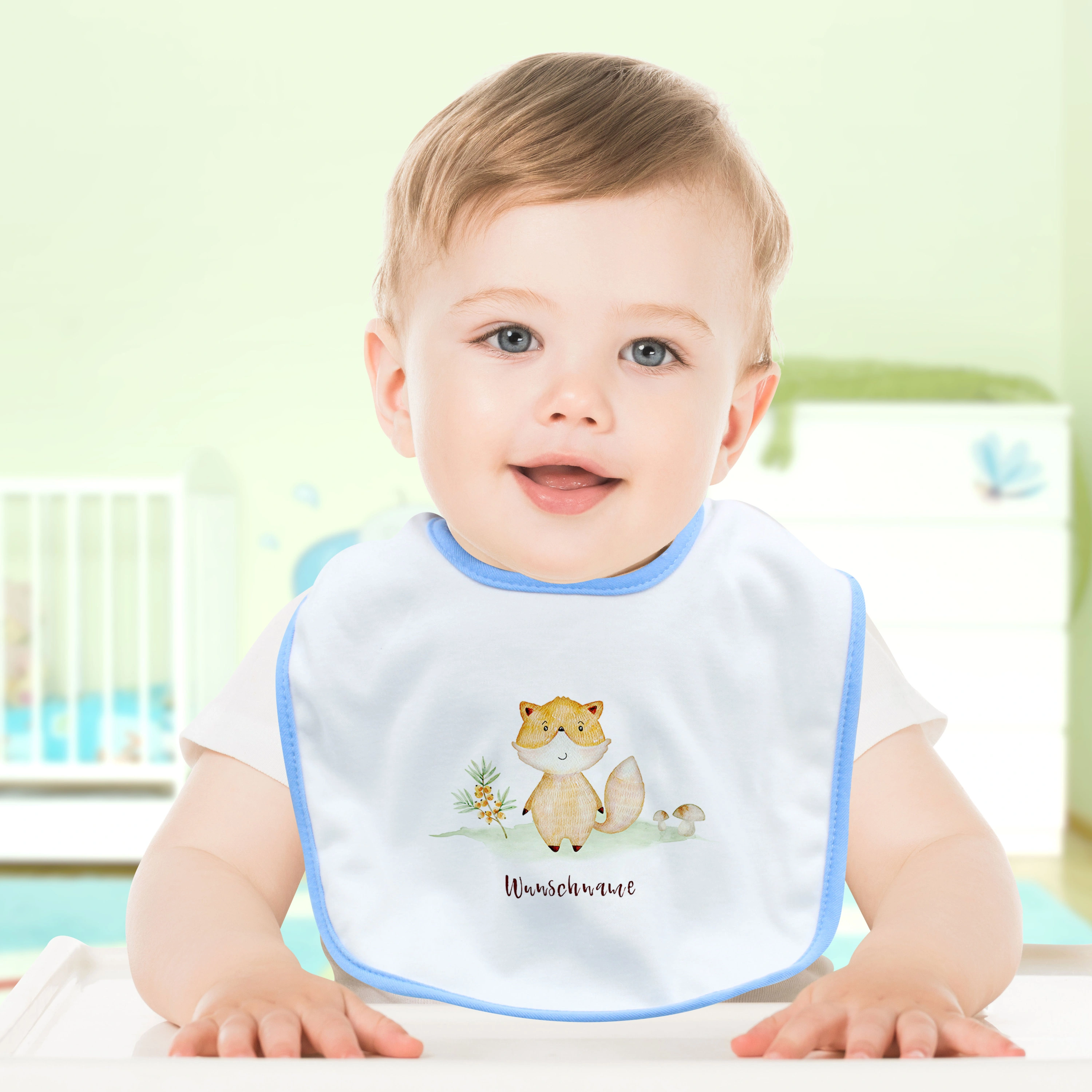 Baby-Lätzchen mit Namen, blau (Motiv: Fuchs)
