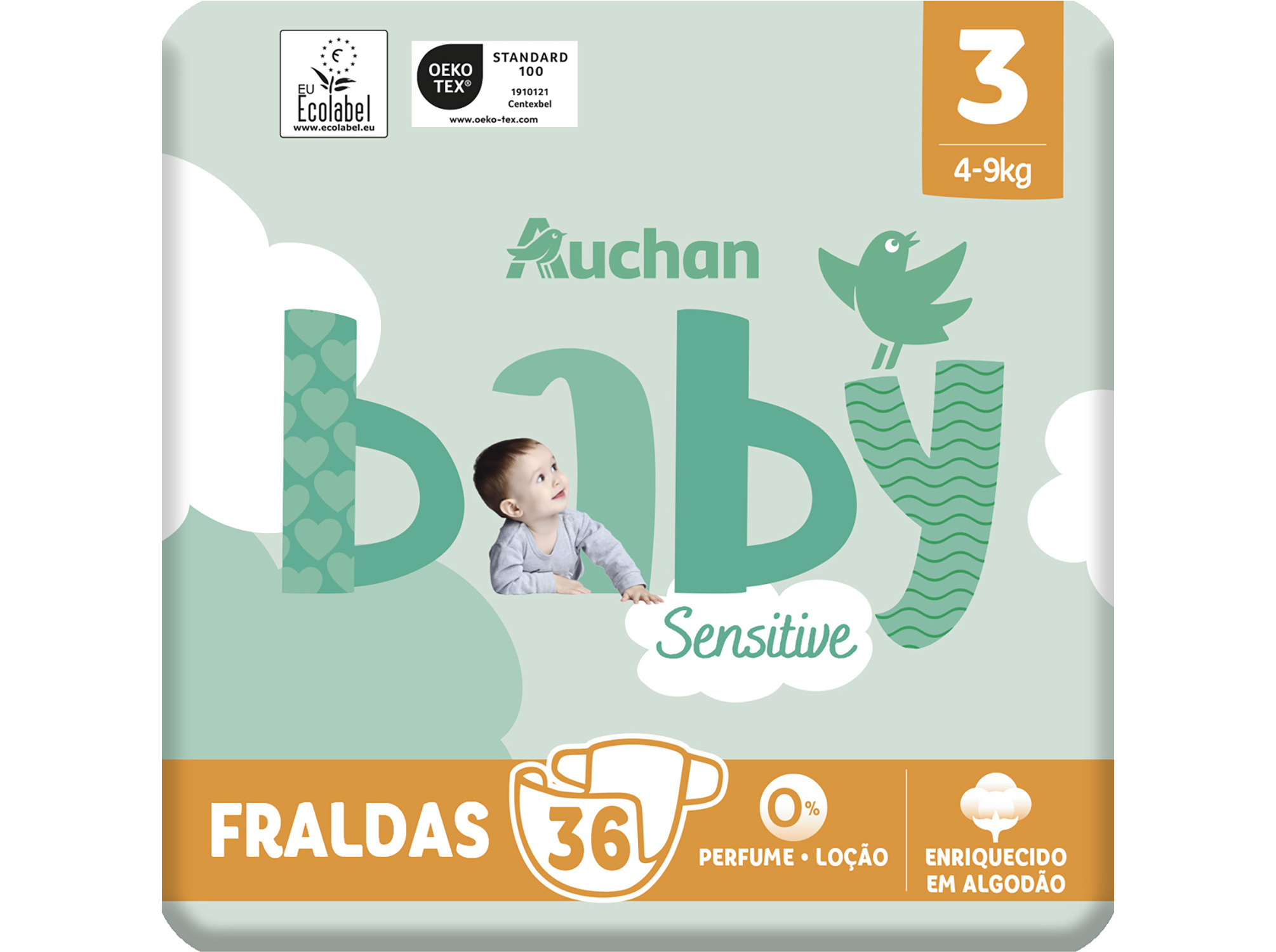 FRALDAS AUCHAN BABY SENSITIVE ECOLÓGICAS TAMANHO 3 4-9KG 36UN