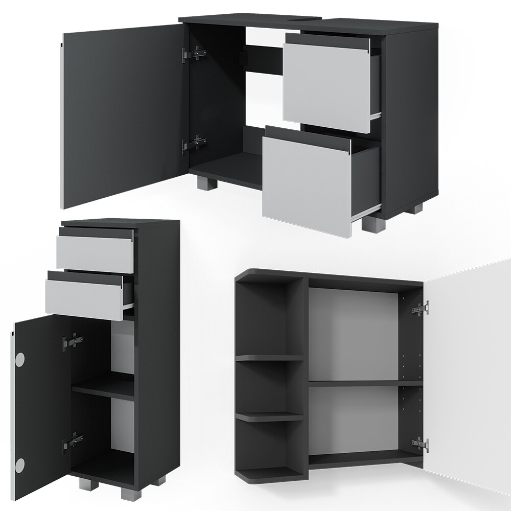 Vicco Badmöbelset J-shape Anthrazit Weiß modern Badezimmer Schrank Badschrank Waschtischunterschrank Spiegelschrank Midischrank Schranktür Schrankschublade Schrankfach Ablage Aufbewahrung