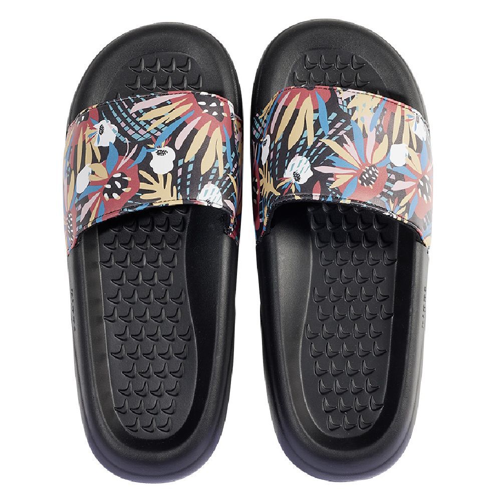 Sandales claquettes plastique noir motif feuillage multicolore 38/39