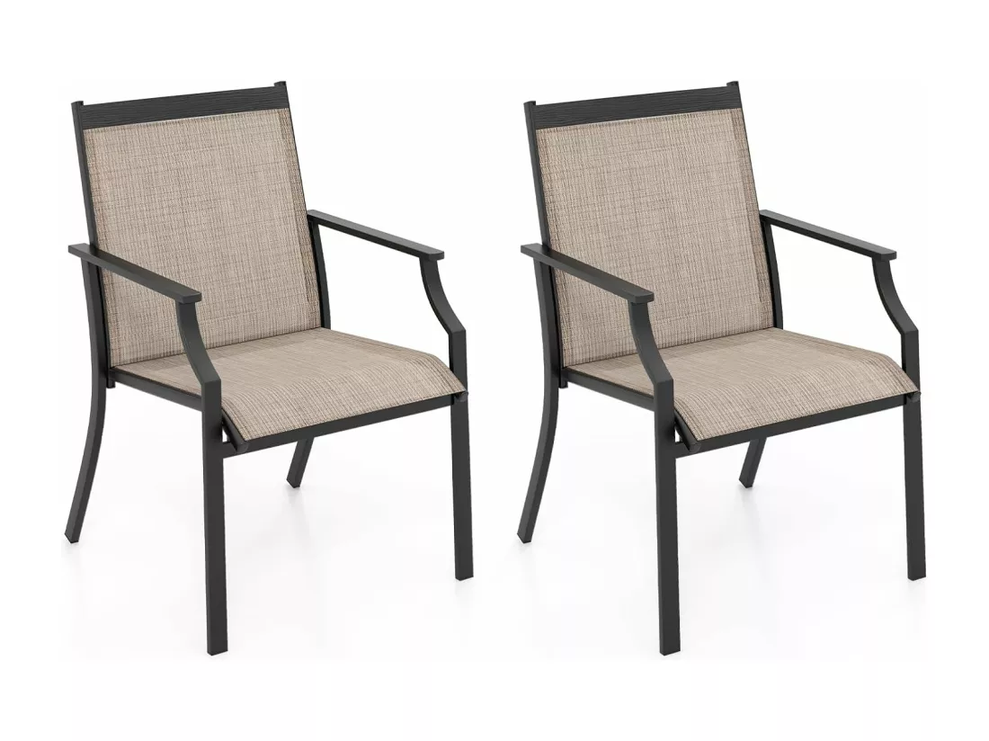 Lot de 2 Chaises de Jardin avec Cadre en Métal, Chaises de Salle à Manger pour l’Extérieur en Teslin à Séchage Rapide, Fauteuil d'Extérieur pour Cour, Balcon, Piscine, Charge 150 KG(Café)