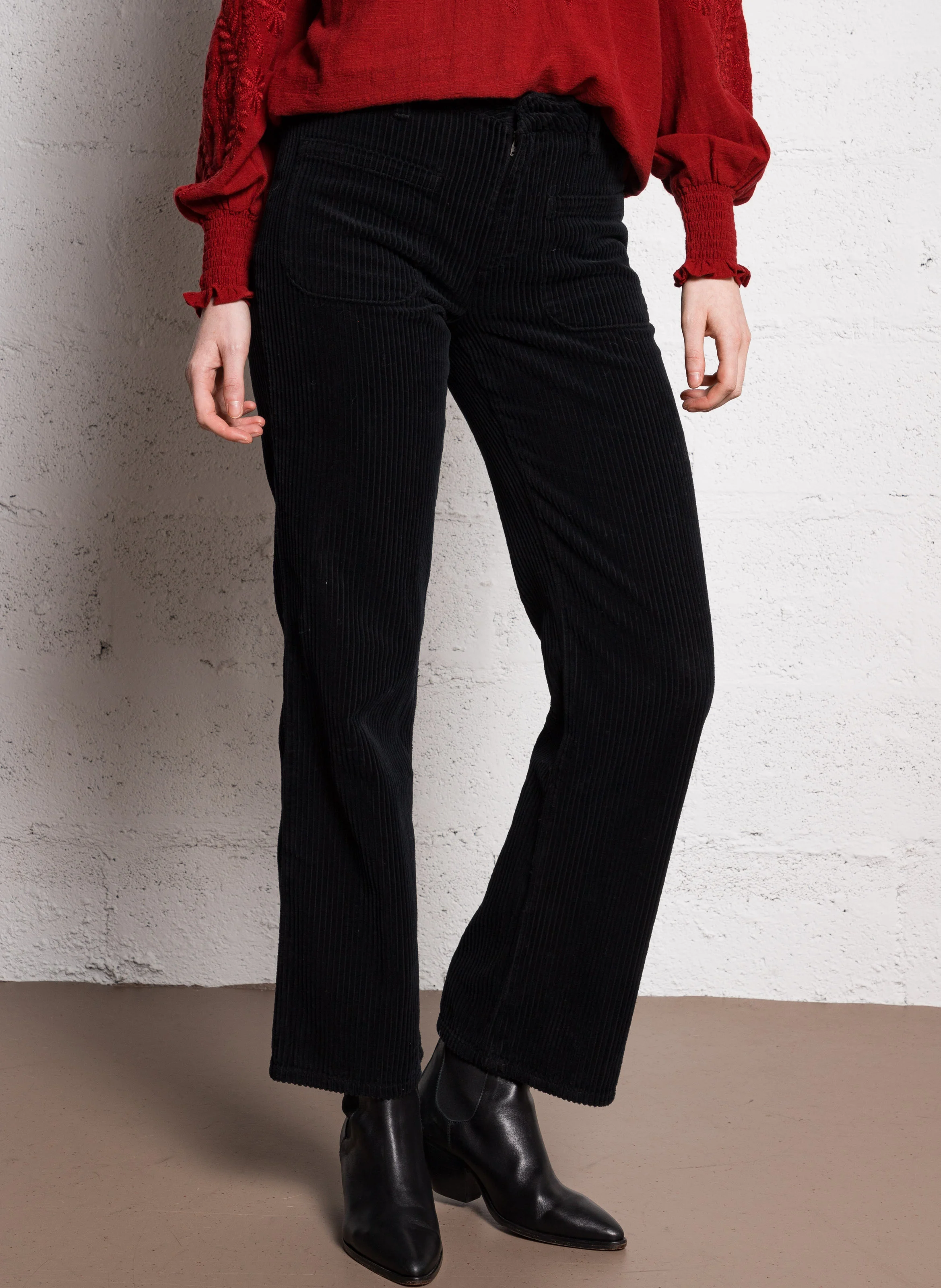 NINA - Pantalon large en coton côtelé | Noir