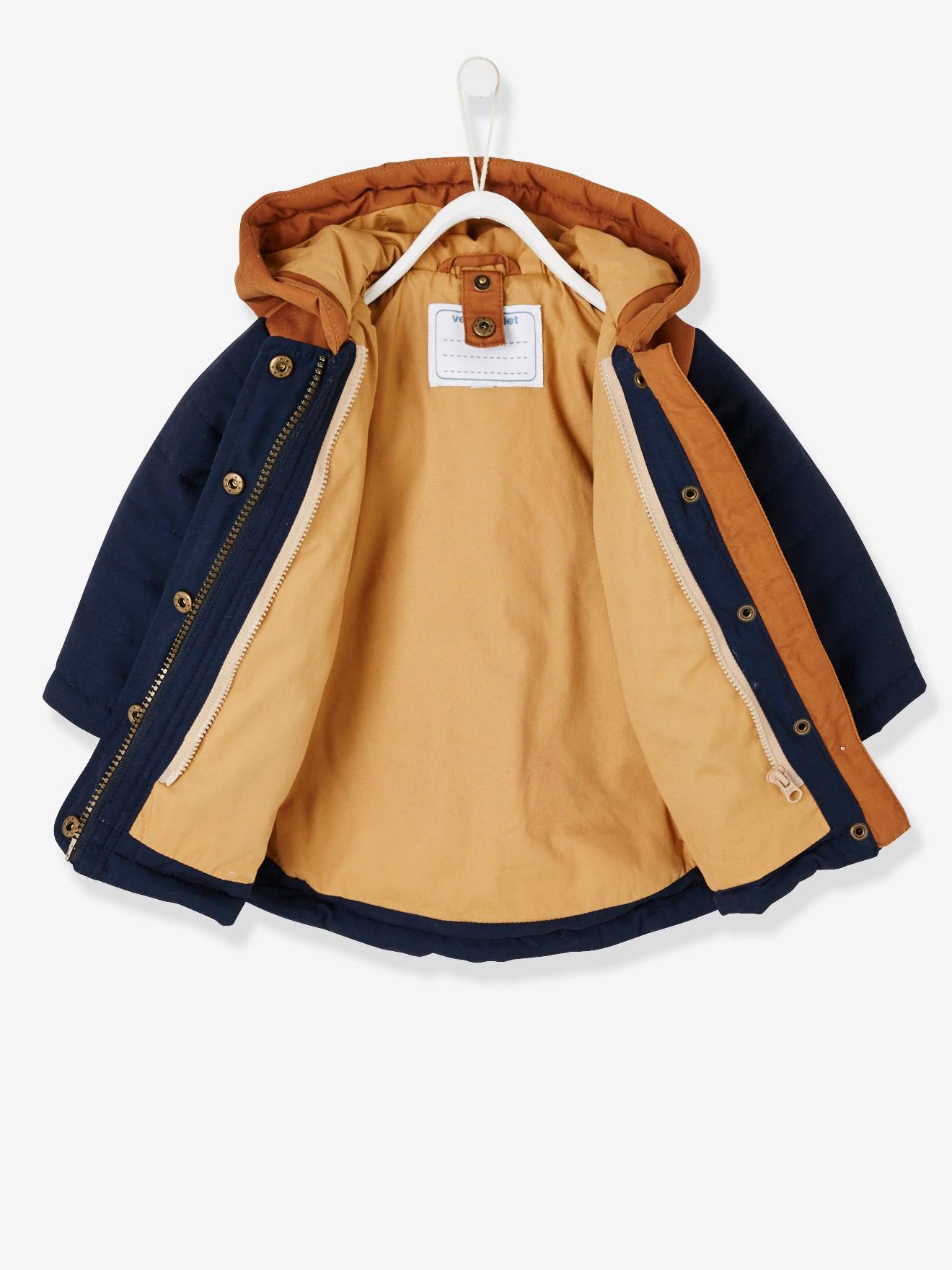 Parka 3 em 1 para bebê menino com jaqueta removível de malha azul-escura lisa.