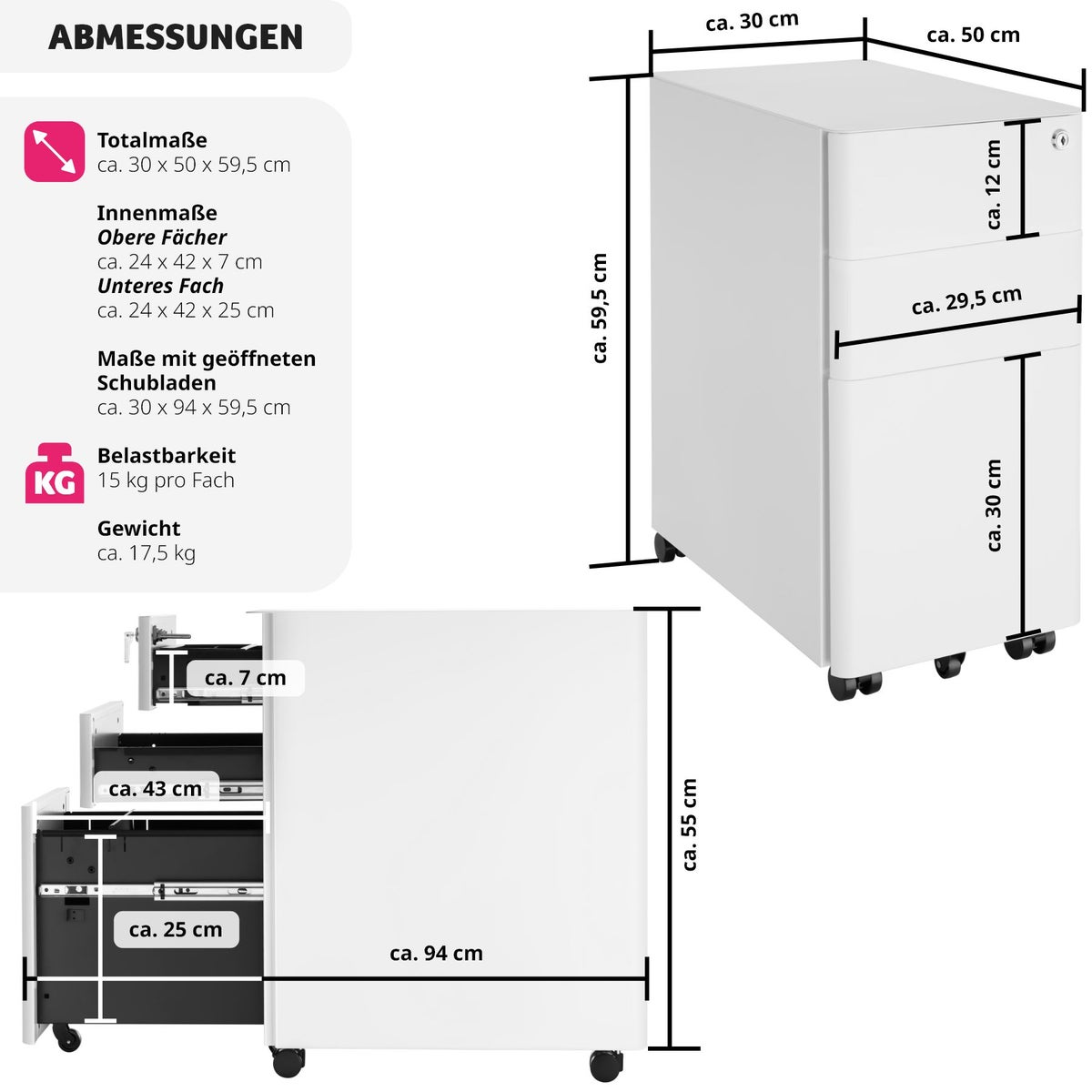 tectake Parvus rolkast van gepoedercoat staal, 30 x 50 x 59,5 cm